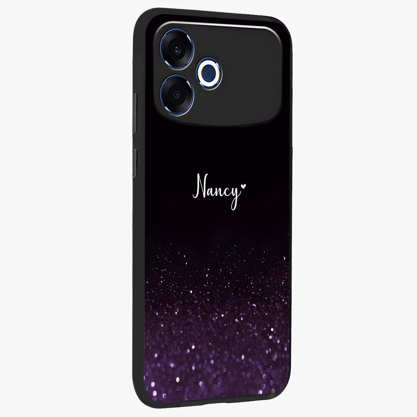Glittery Purple Bokeh Custom Name Glass Case upright view showcasing vibrant purple sparkle artwork with personalized aesthetic style.
