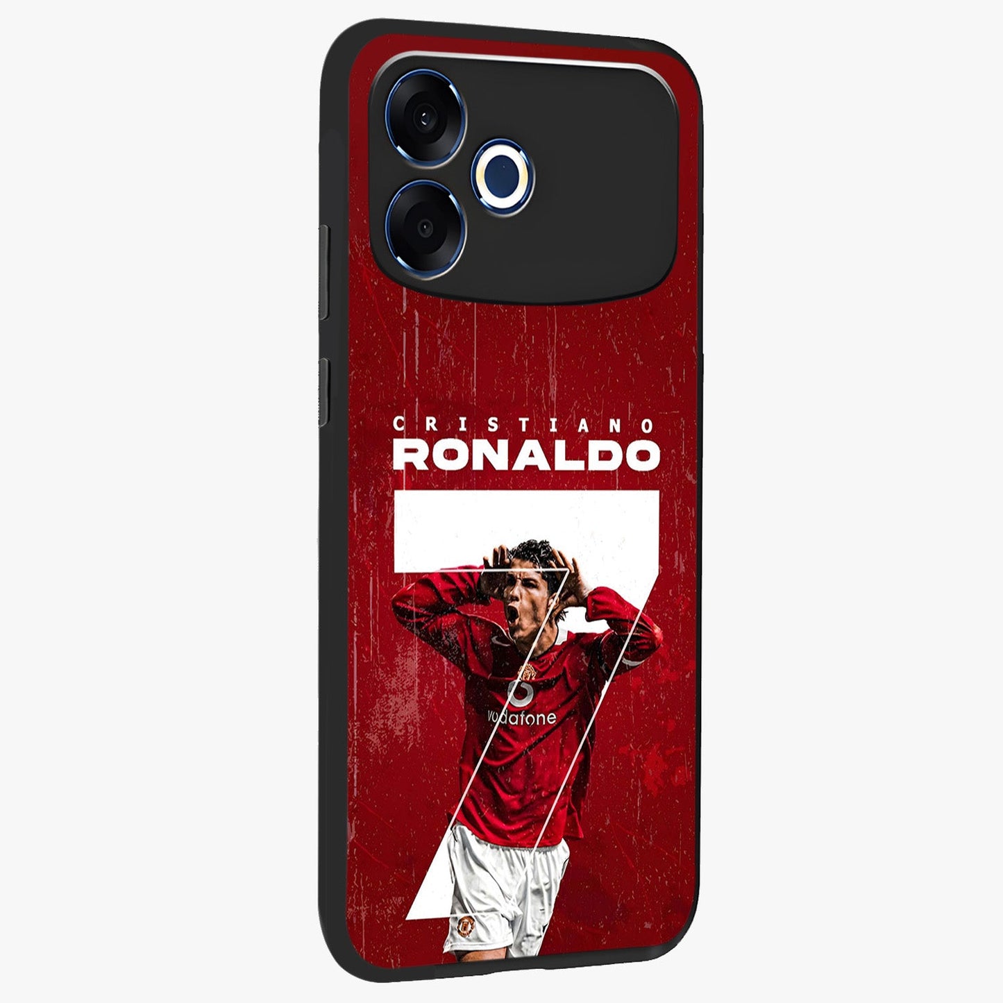 Goal Celebration Legacy Glass Case upright view showcasing dynamic football inspired artwork with victory celebration aesthetic.