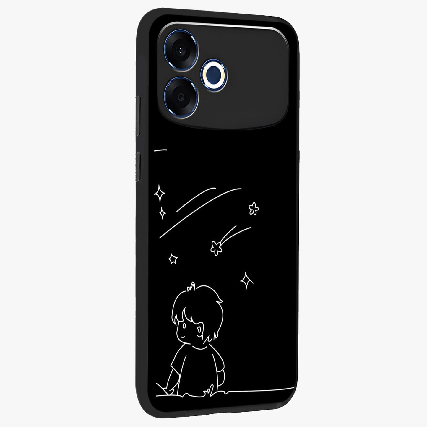 Line Art Boy With Shooting Stars Glass Case upright view showcasing artistic shooting star illustration with minimal style.