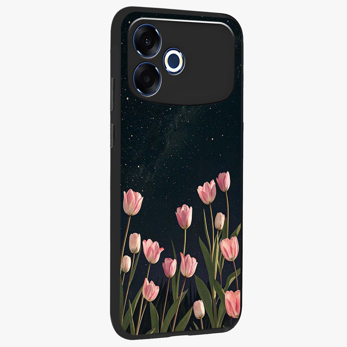 Midnight Tulip Whispers Vibe Glass Case upright view showcasing graceful tulip artwork with calm botanical theme.