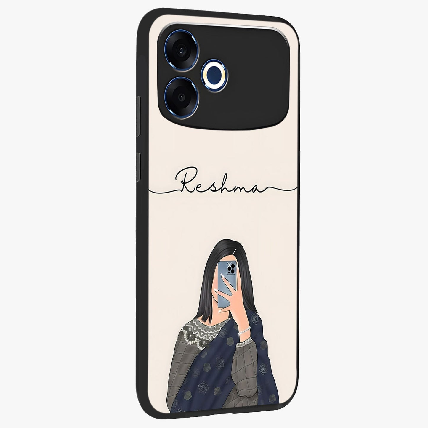 Mirror Mood Muse With Custom Name Glass Case upright view showcasing artistic mirror themed artwork with personalized aesthetic.