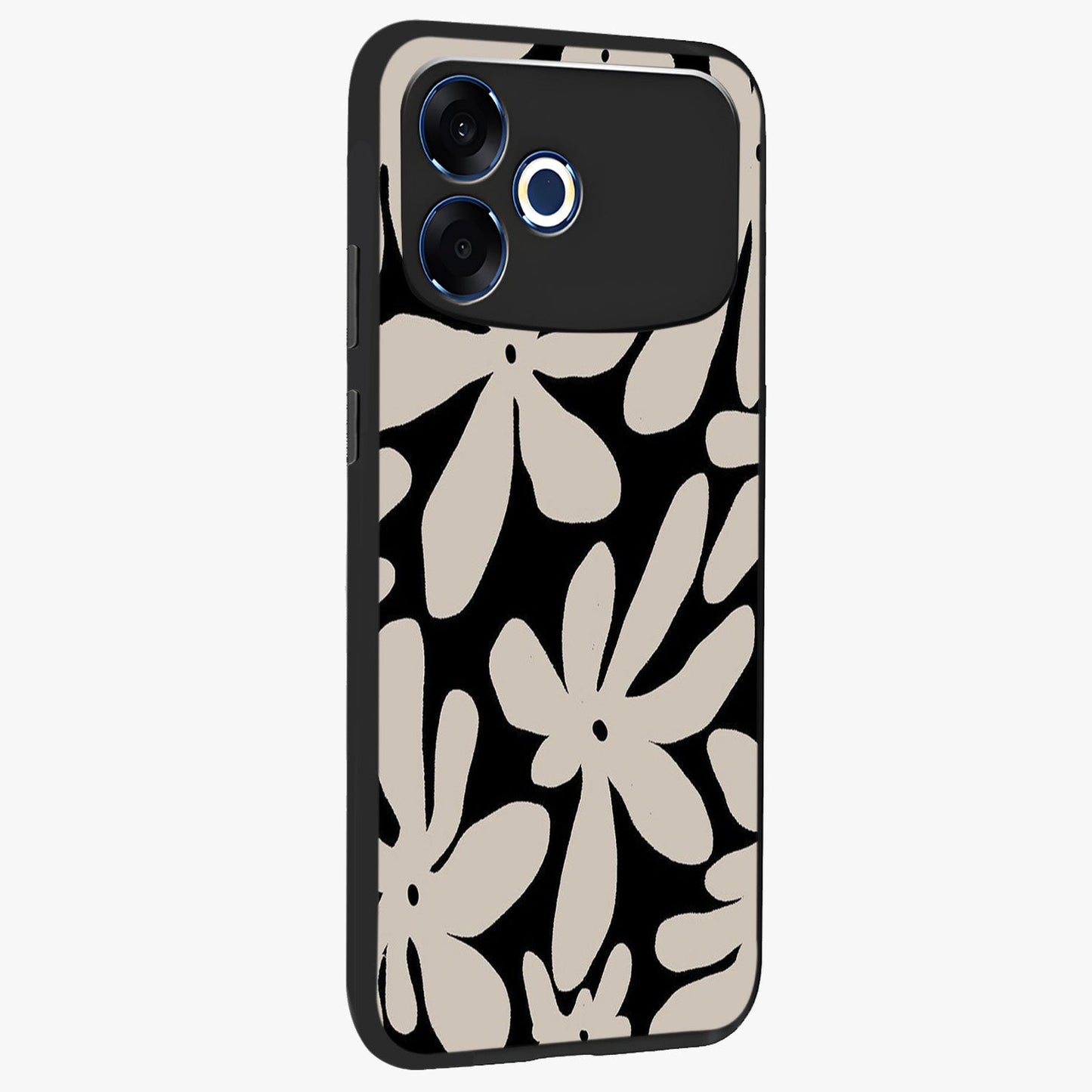 Monochrome Petal Dance Glass Case upright view showcasing artistic floral pattern with stylish monochrome theme.