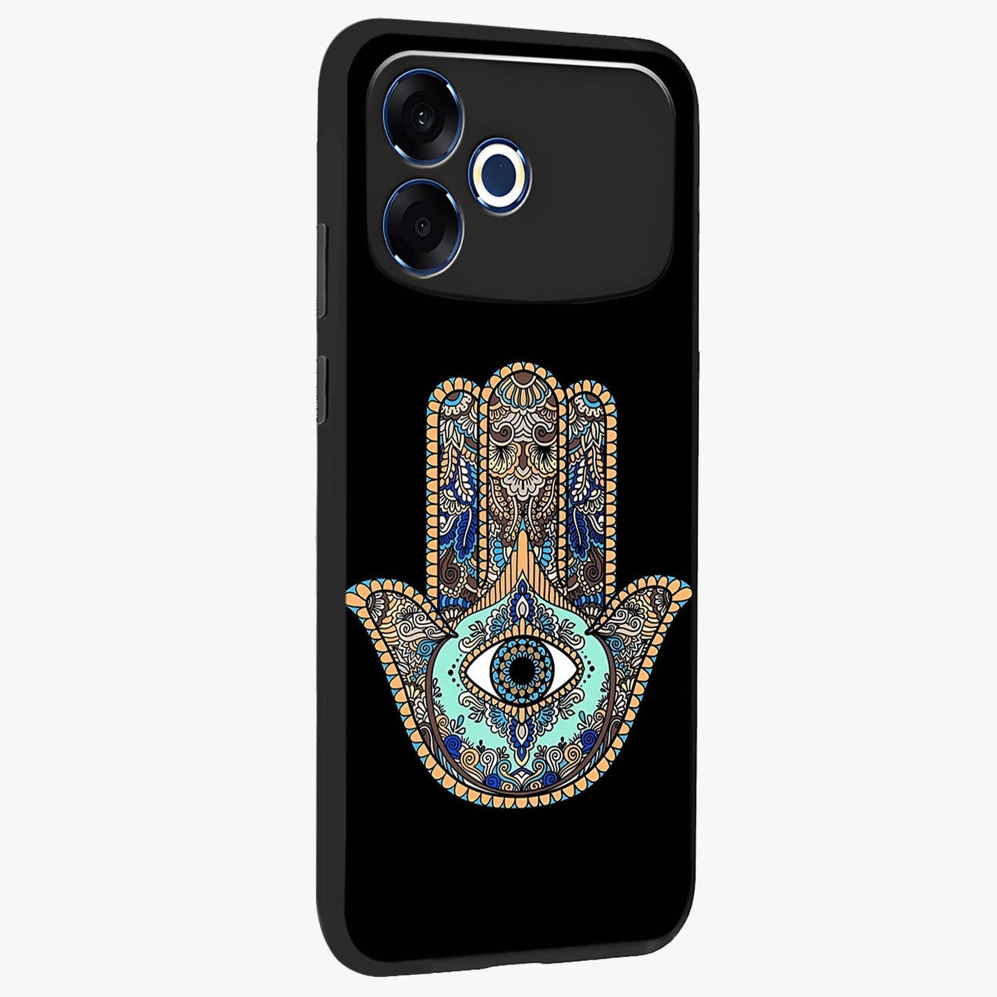 Mystic Hamsa Eye Glass Case upright view showcasing detailed hamsa eye artwork with protective spiritual theme.