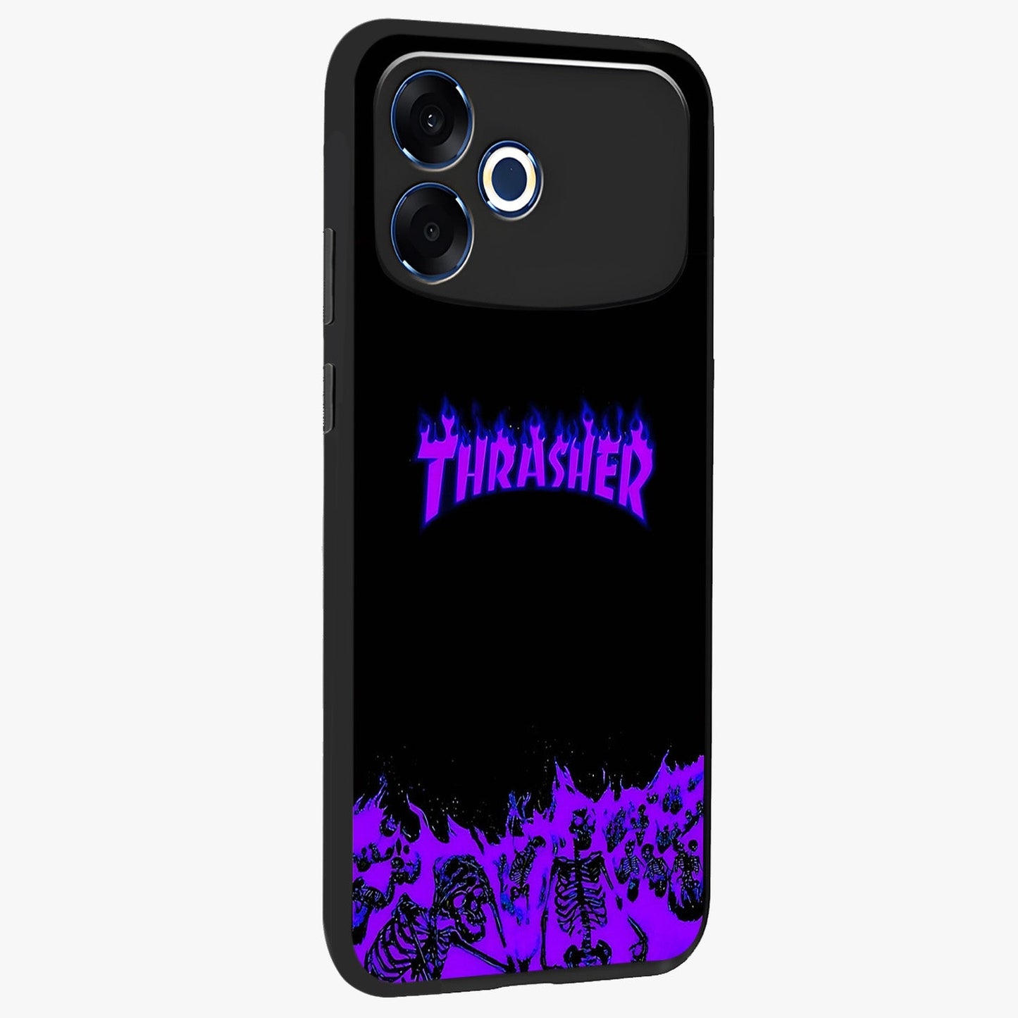 Neon Flame Riot Glass Case upright view showcasing dynamic flame artwork with energetic neon theme.