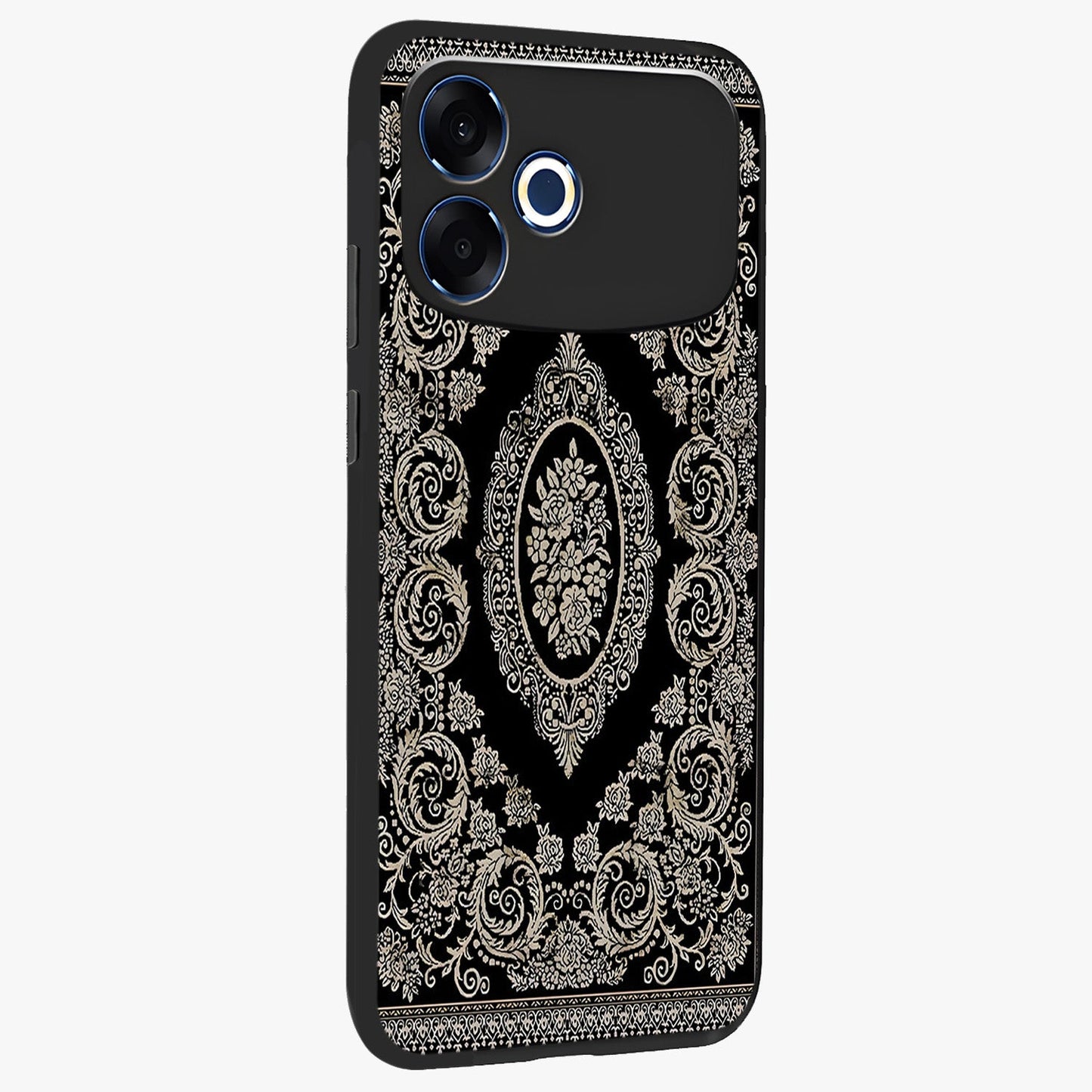 Noir Bloom Elegance Glass Case upright view showcasing graceful floral artwork with luxurious dark theme.