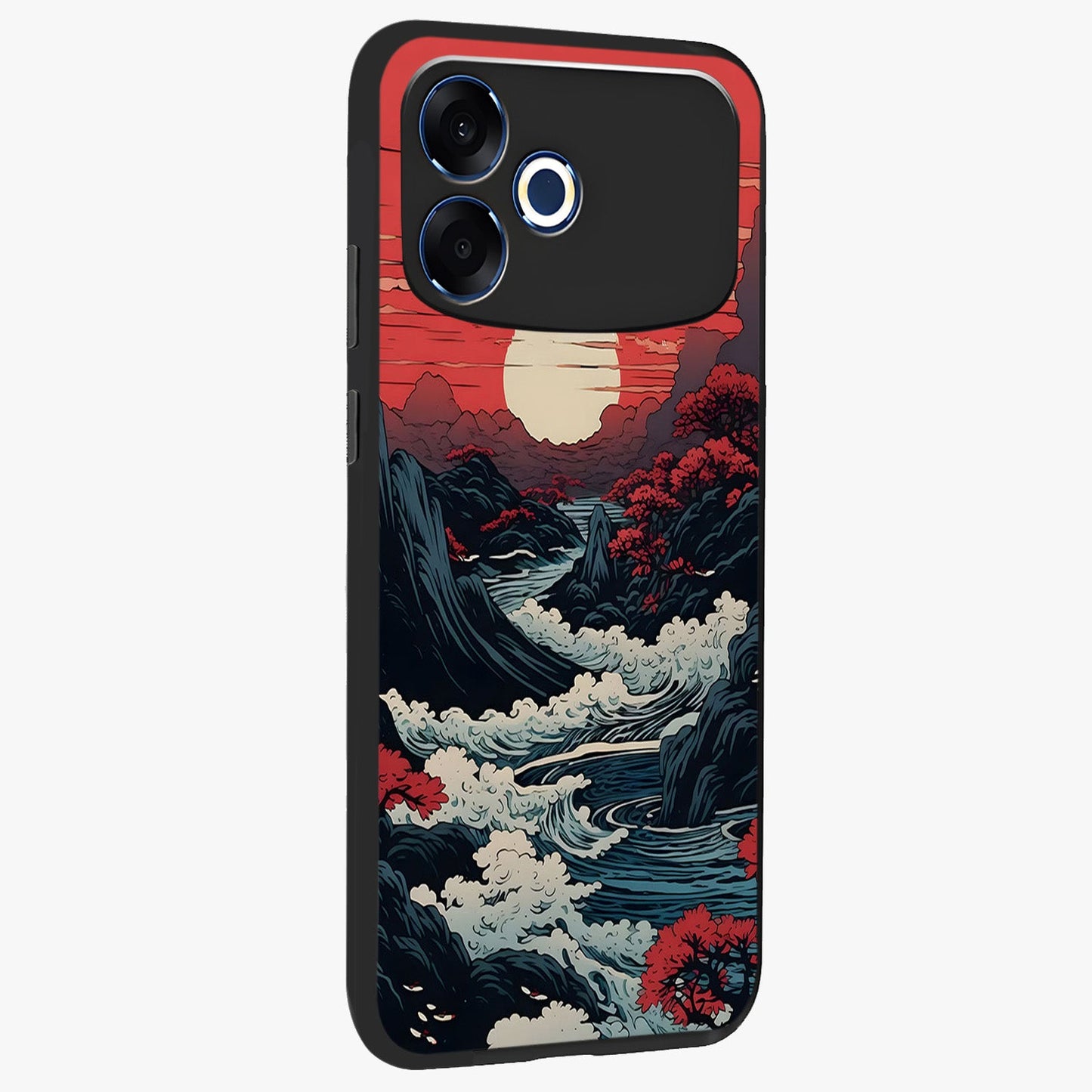 Red Sunset Scenery Glass Case upright view showcasing dramatic sunset scenery artwork with warm nature theme.