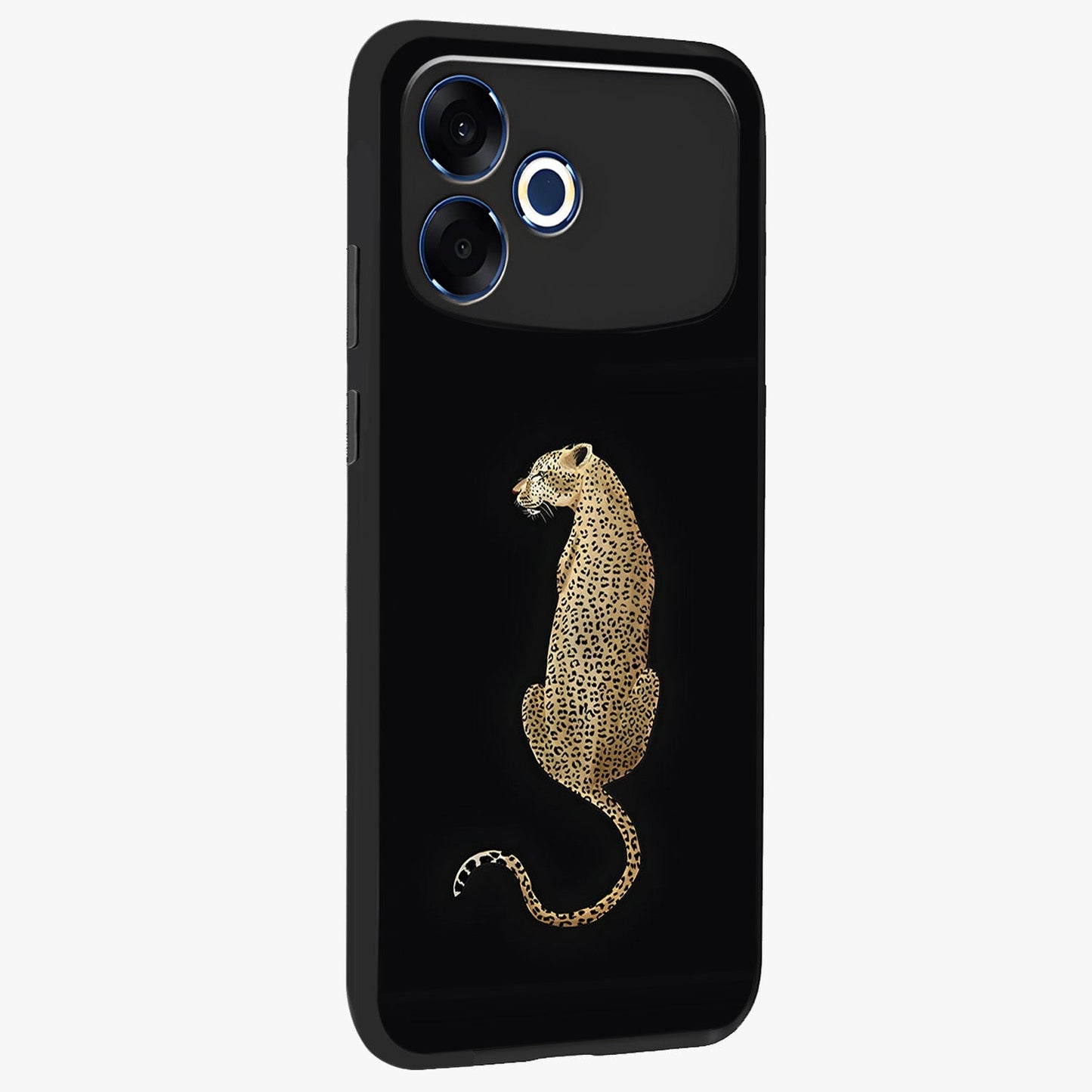 Regal Leopard Glass Case upright view showcasing striking leopard artwork with fierce wildlife theme.