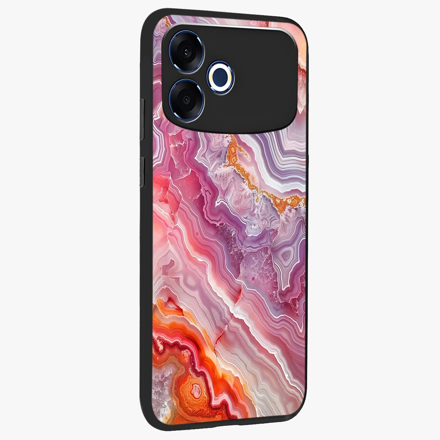 Rose Quartz Marble Glass Case upright view showcasing decorative marble artwork with luxurious pastel theme.