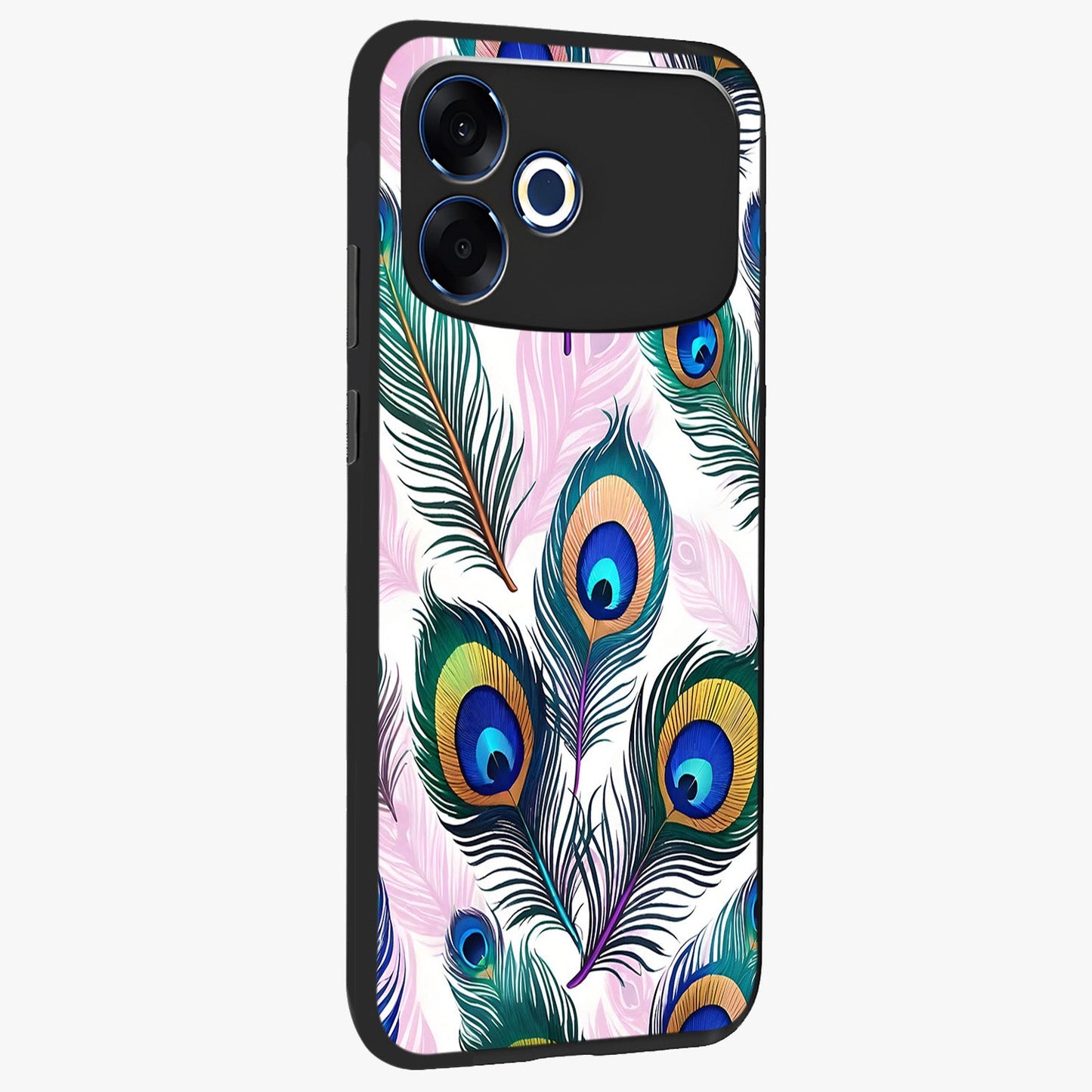 Royal Peacock Feathers Glass Case upright view showcasing elegant peacock feather artwork with decorative royal theme.