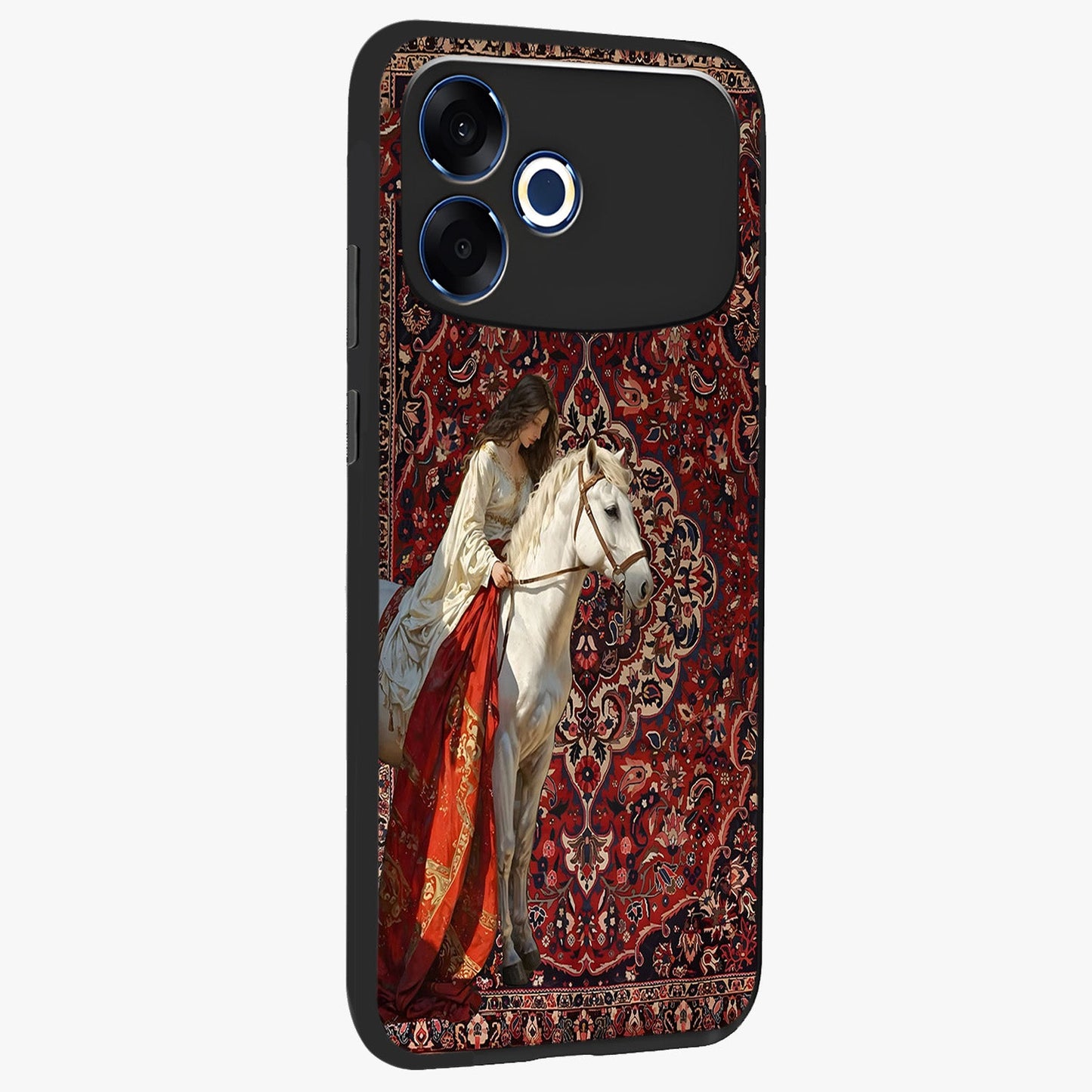 Royal Rider Tapestry Glass Case upright view showcasing detailed rider artwork with classic tapestry theme.