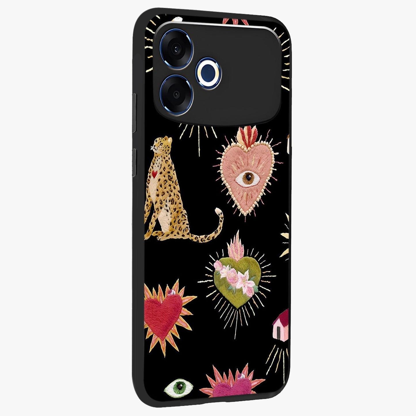 Sacred Jungle Heart Glass Case upright view showcasing vibrant jungle artwork with symbolic heart theme.