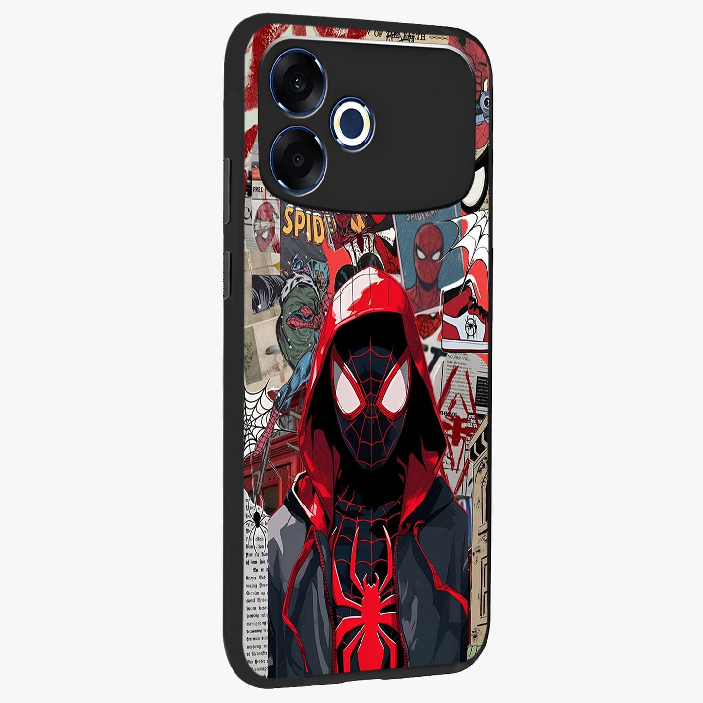 Spider Collage Street Glass Case upright view showcasing bold superhero artwork with urban street theme.