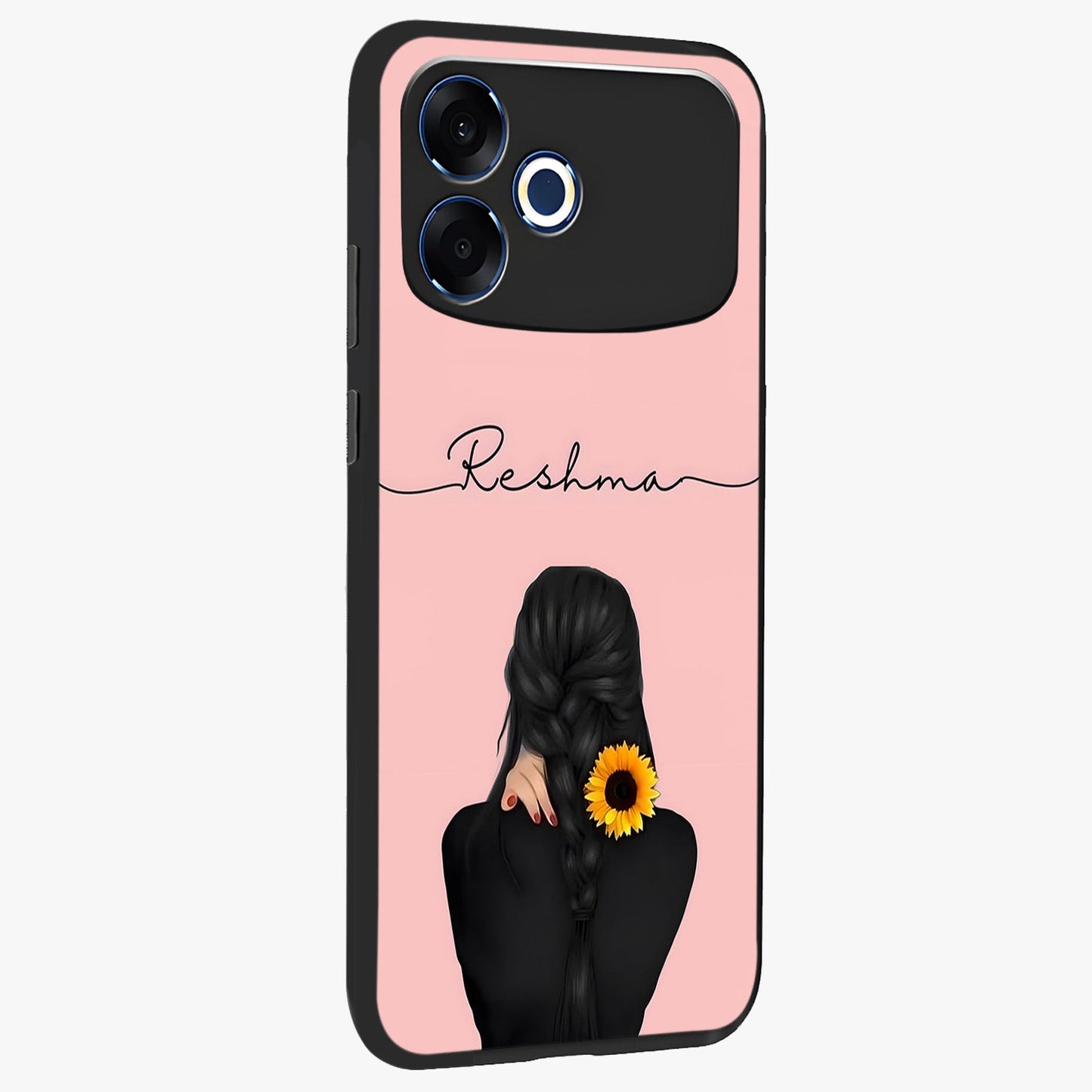 Sunflower Braid Beauty With Custom Name Glass Case upright view showcasing bright sunflower artwork with personalized floral aesthetic.