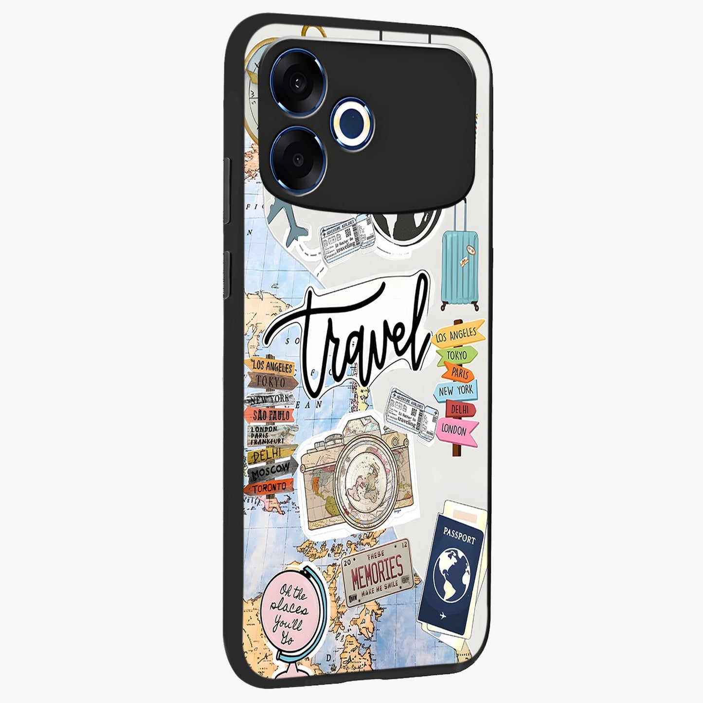 Wanderlust Journal Glass Case upright view showcasing wanderlust inspired artwork with creative exploration theme.