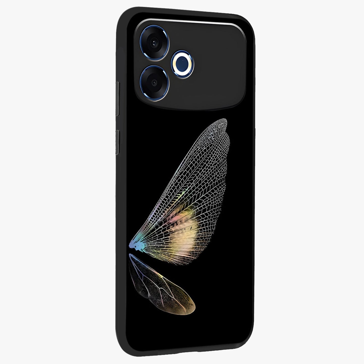 Whispers Of Wings Glass Case upright view showcasing elegant wing artwork with light airy theme.