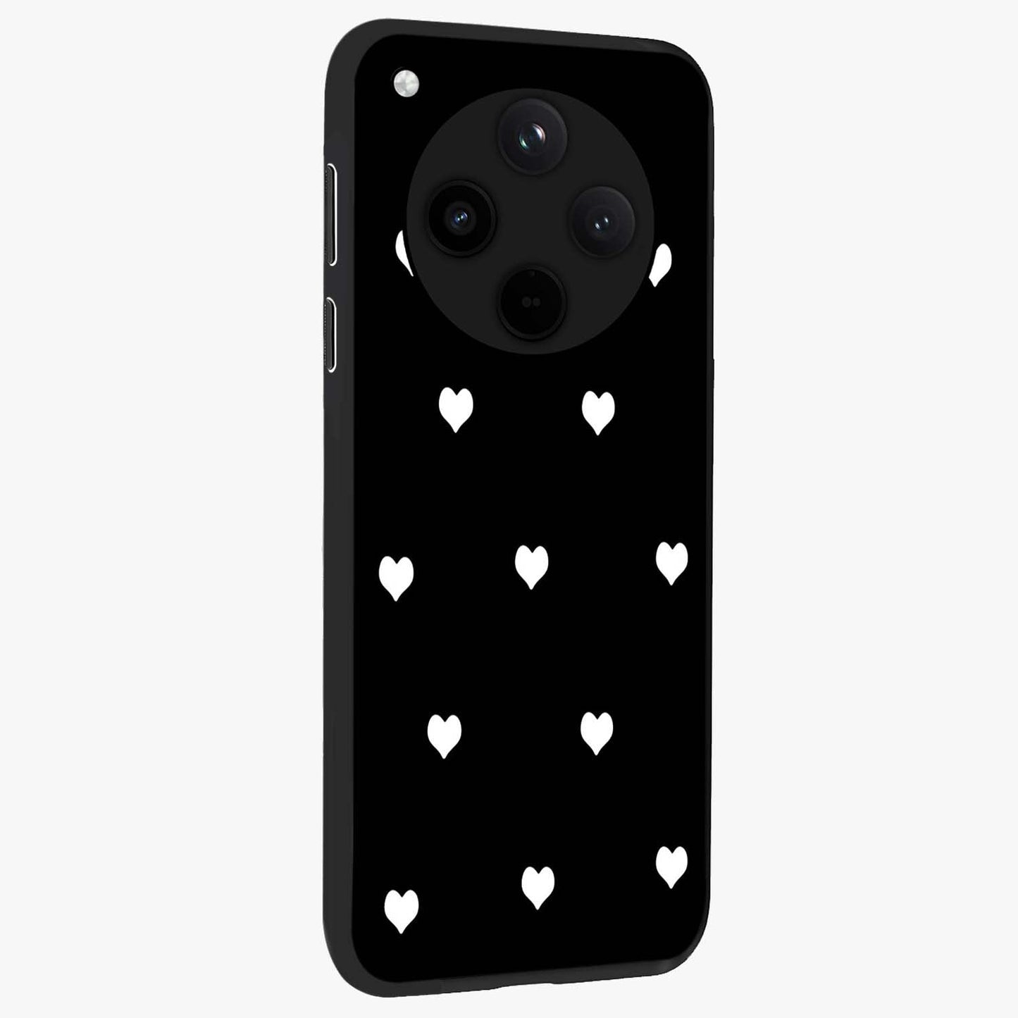 Cute And Simple White Hearts Glass Case upright view showcasing simple white hearts artwork with soft minimal theme.