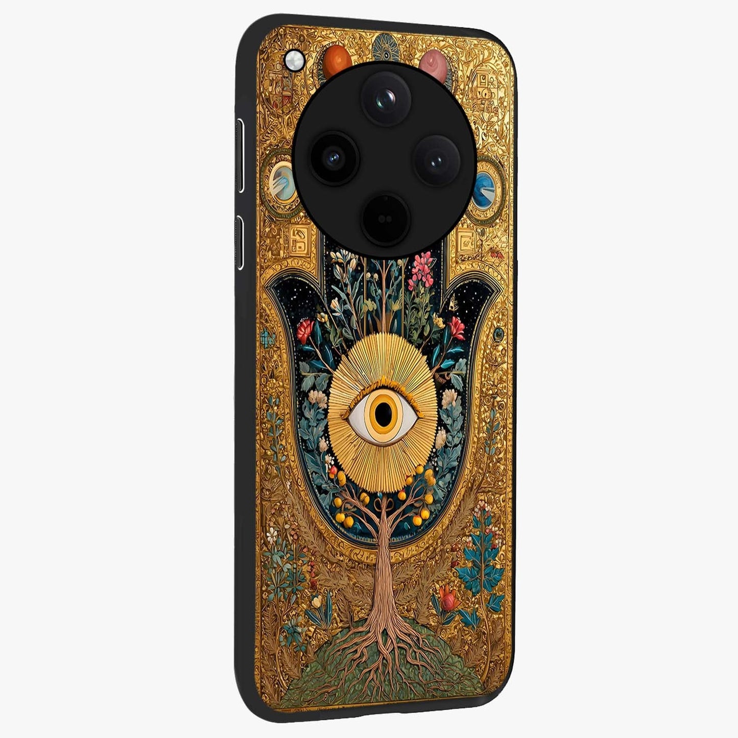 Ethereal Evil Eye Glass Case upright view showcasing celestial evil eye artwork with mystical theme.