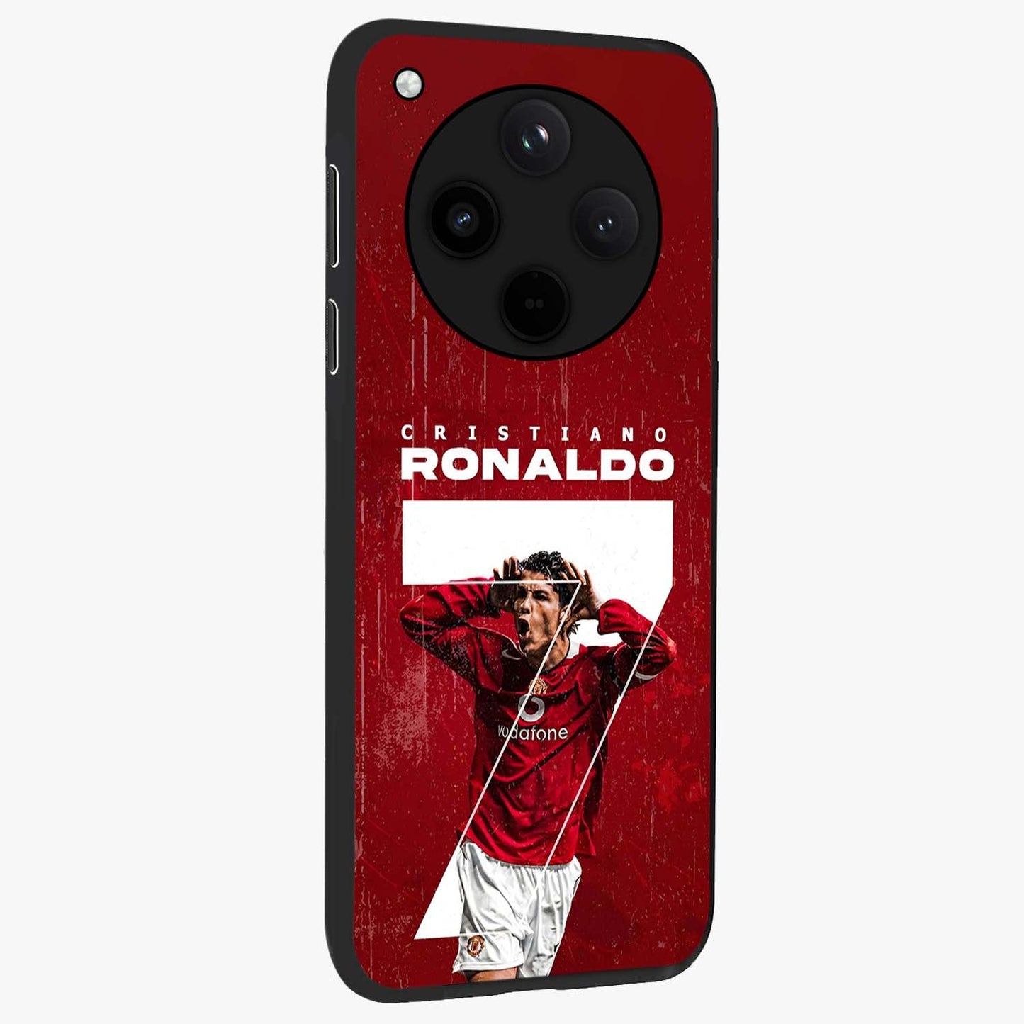 Goal Celebration Legacy Glass Case upright view showcasing dynamic football inspired artwork with victory celebration aesthetic.