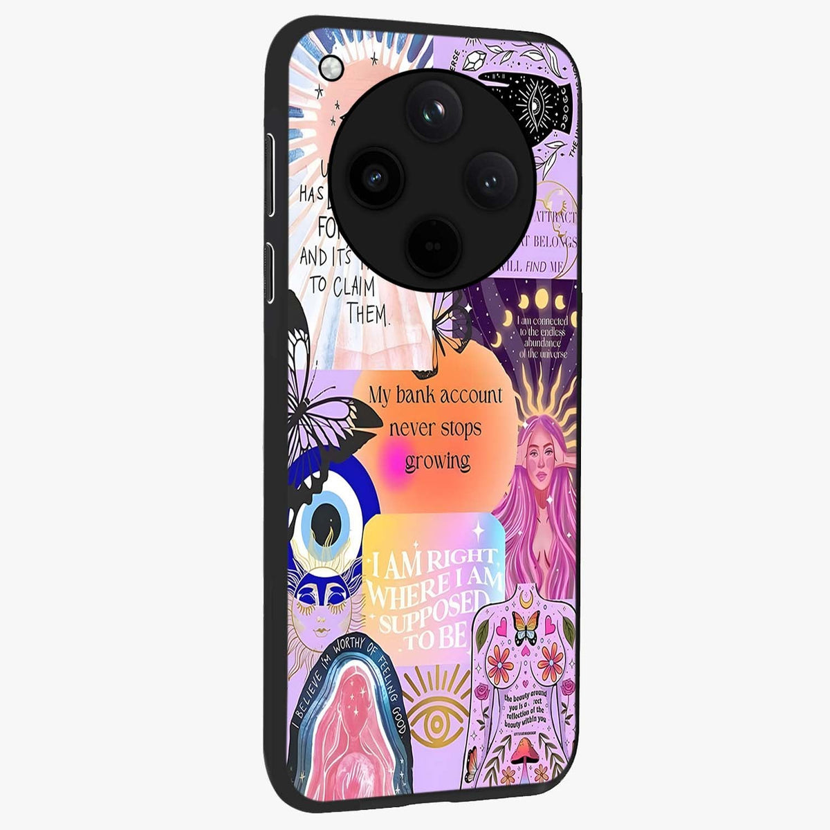 Manifestation Collage Glass Case upright view showcasing artistic manifestation themed artwork with creative style.