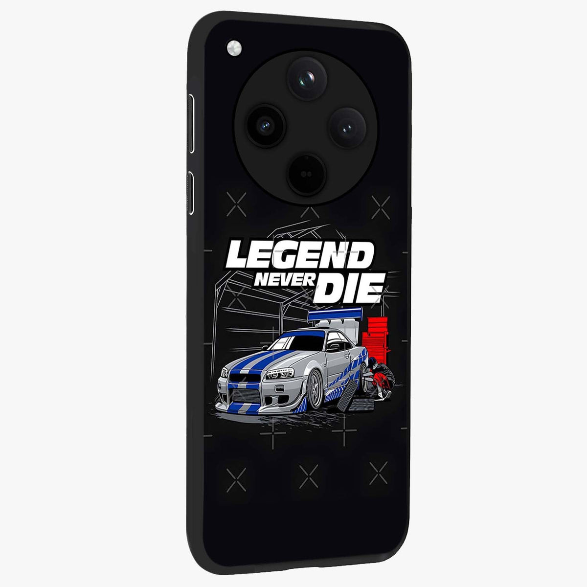 Midnight Racing Legacy Glass Case upright view showcasing powerful racing artwork with modern sports theme.