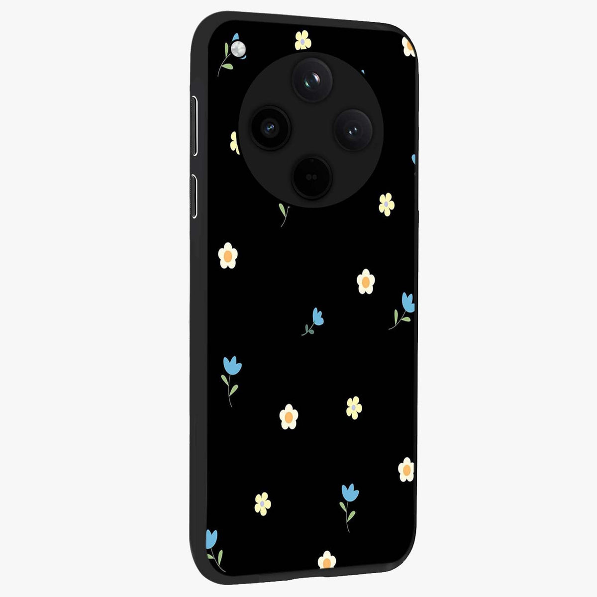Minimal Petal Whispers Glass Case upright view showcasing elegant floral artwork with modern minimalist style.