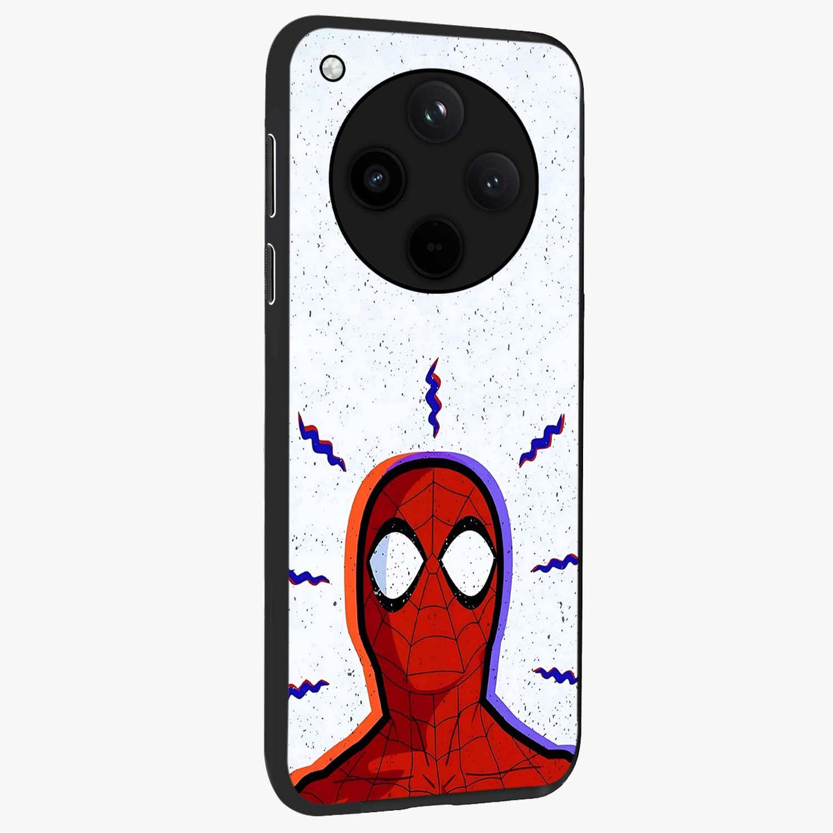 Omg Spiderman Glass Case upright view showcasing energetic superhero artwork with vibrant comic theme.