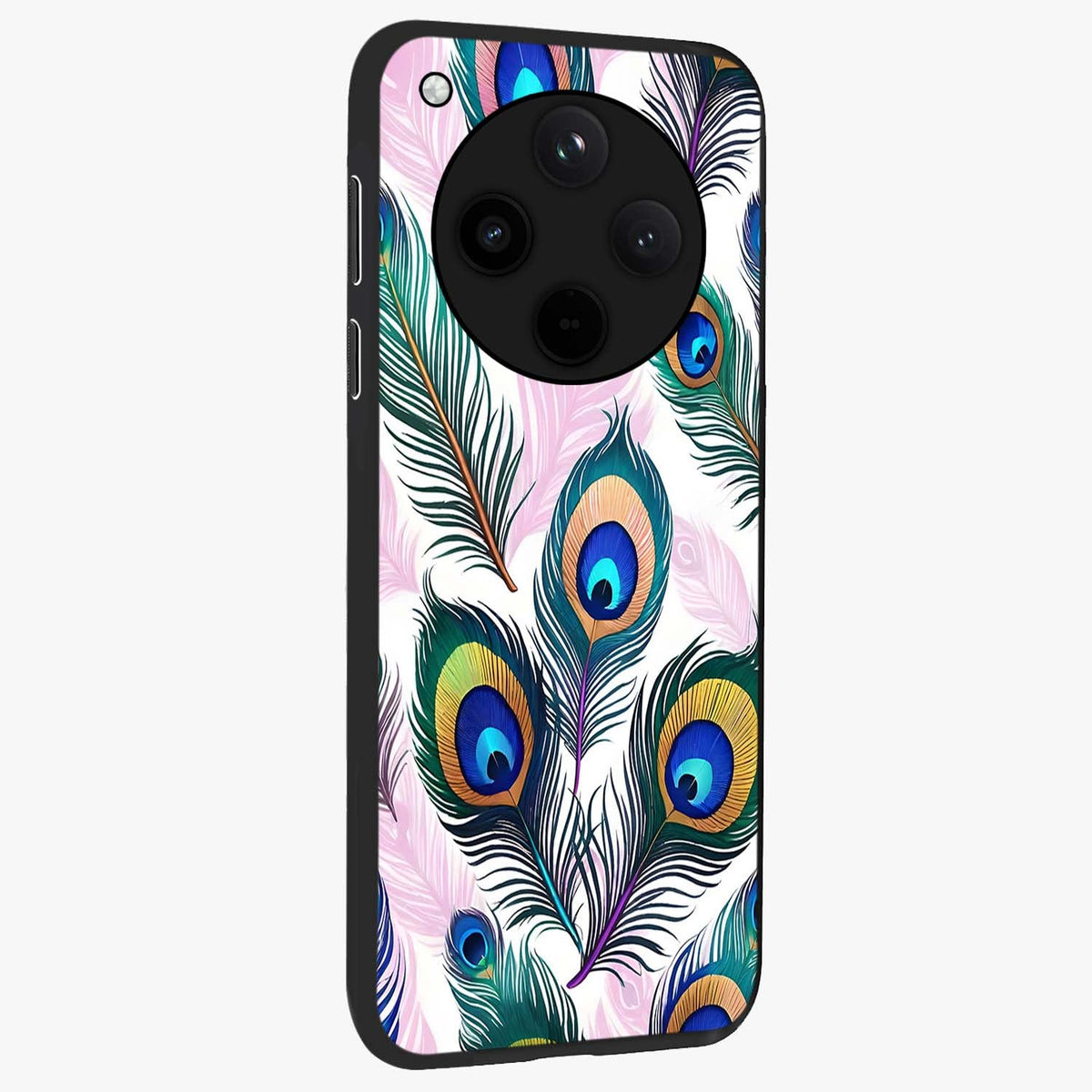 Royal Peacock Feathers Glass Case upright view showcasing elegant peacock feather artwork with decorative royal theme.