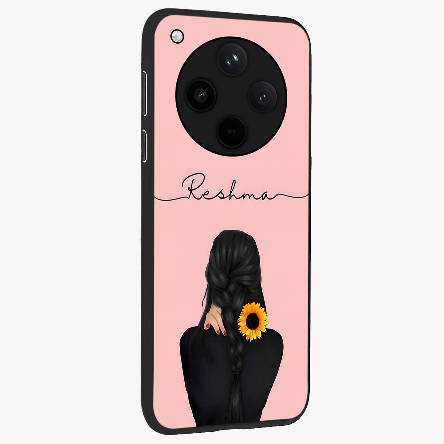 Sunflower Braid Beauty With Custom Name Glass Case upright view showcasing bright sunflower artwork with personalized floral aesthetic.