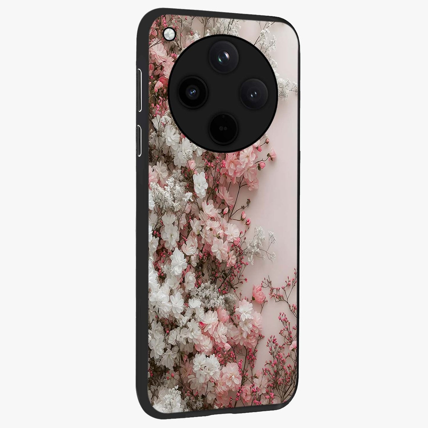 Blush Blossom Cloud Glass Case upright view showcasing calm floral cloud artwork with gentle dreamy theme.