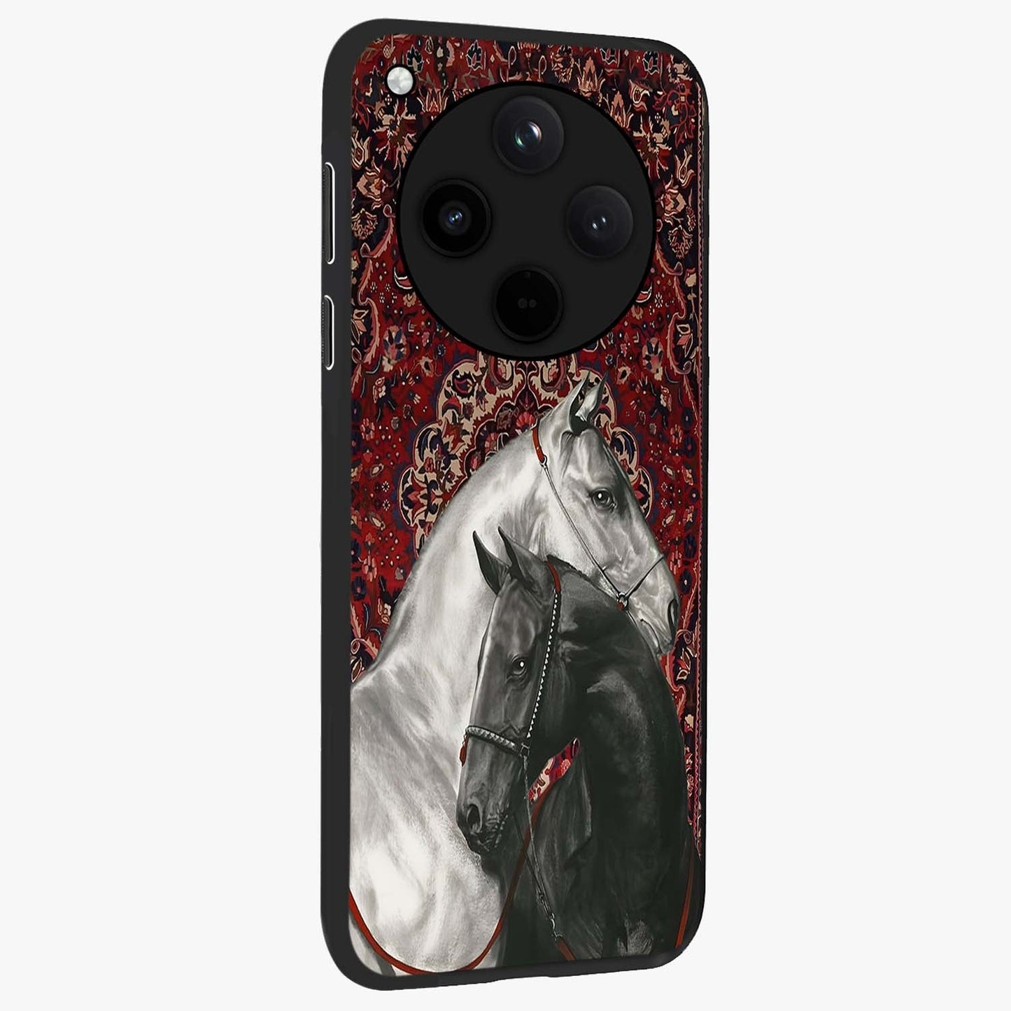 Regal Stallion Tapestry Glass Case upright view showcasing powerful horse artwork with elegant tapestry theme.