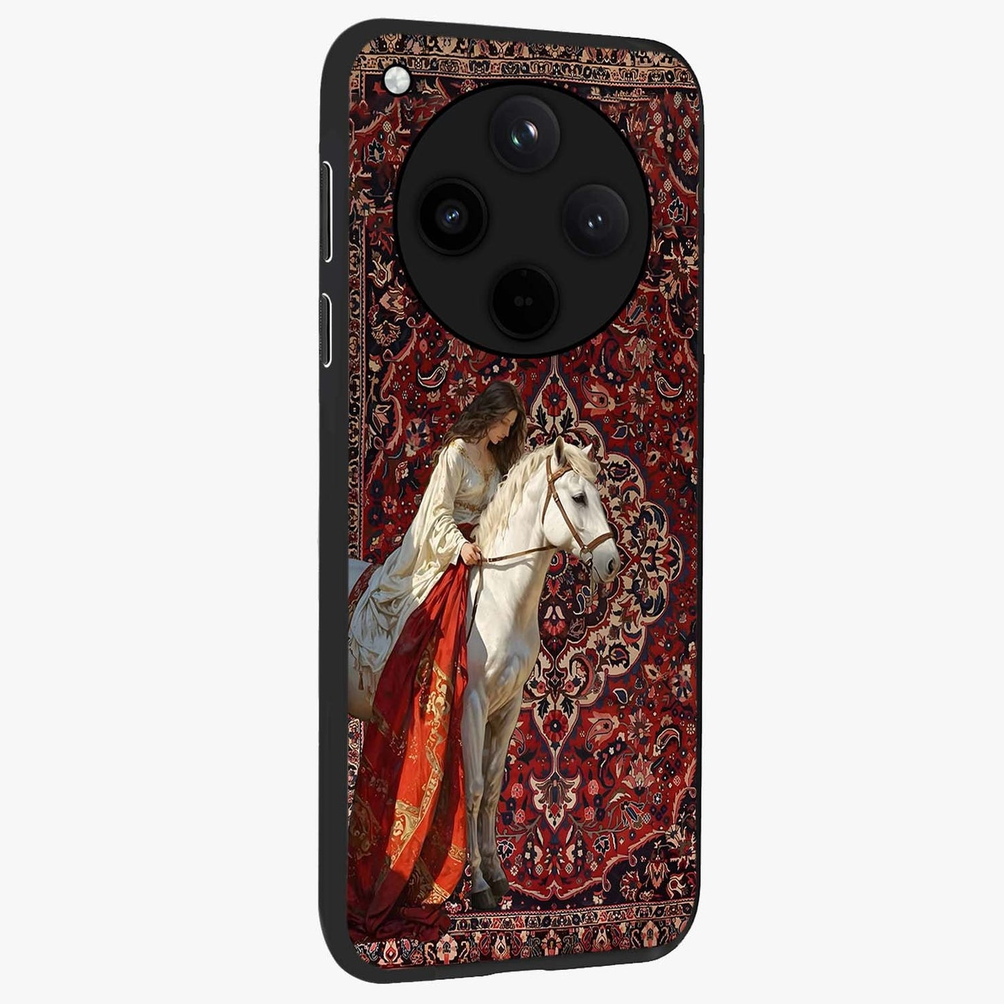 Royal Rider Tapestry Glass Case upright view showcasing detailed rider artwork with classic tapestry theme.