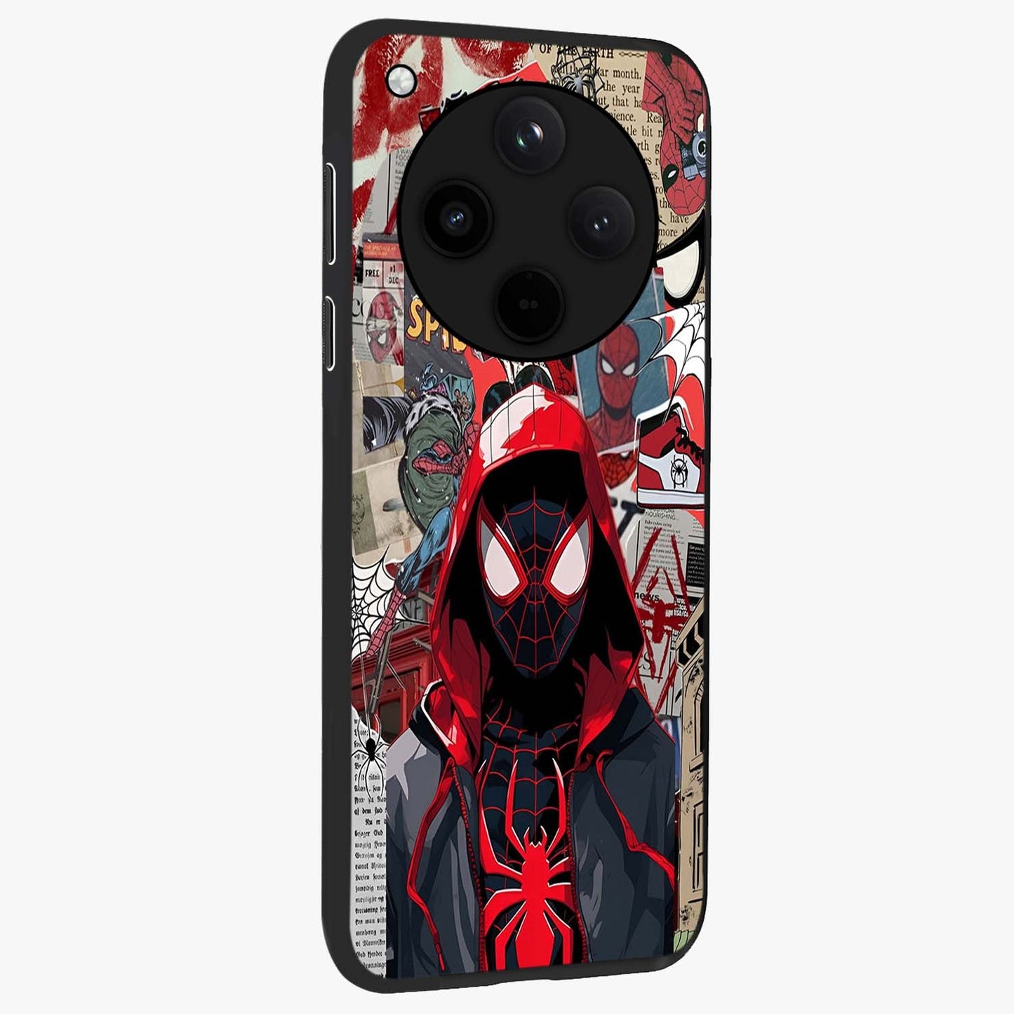 Spider Collage Street Glass Case upright view showcasing bold superhero artwork with urban street theme.