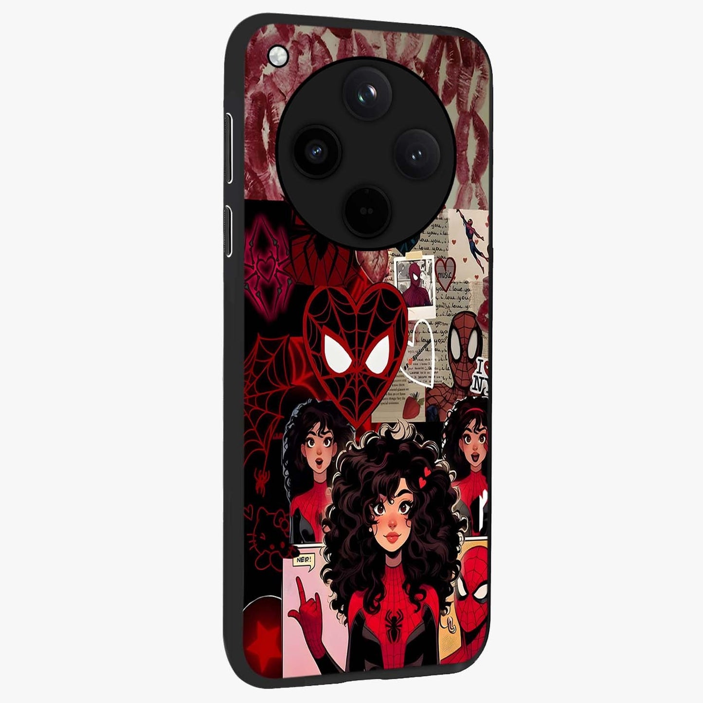 Spider Love Story Glass Case upright view showcasing charming superhero artwork with romantic comic theme.