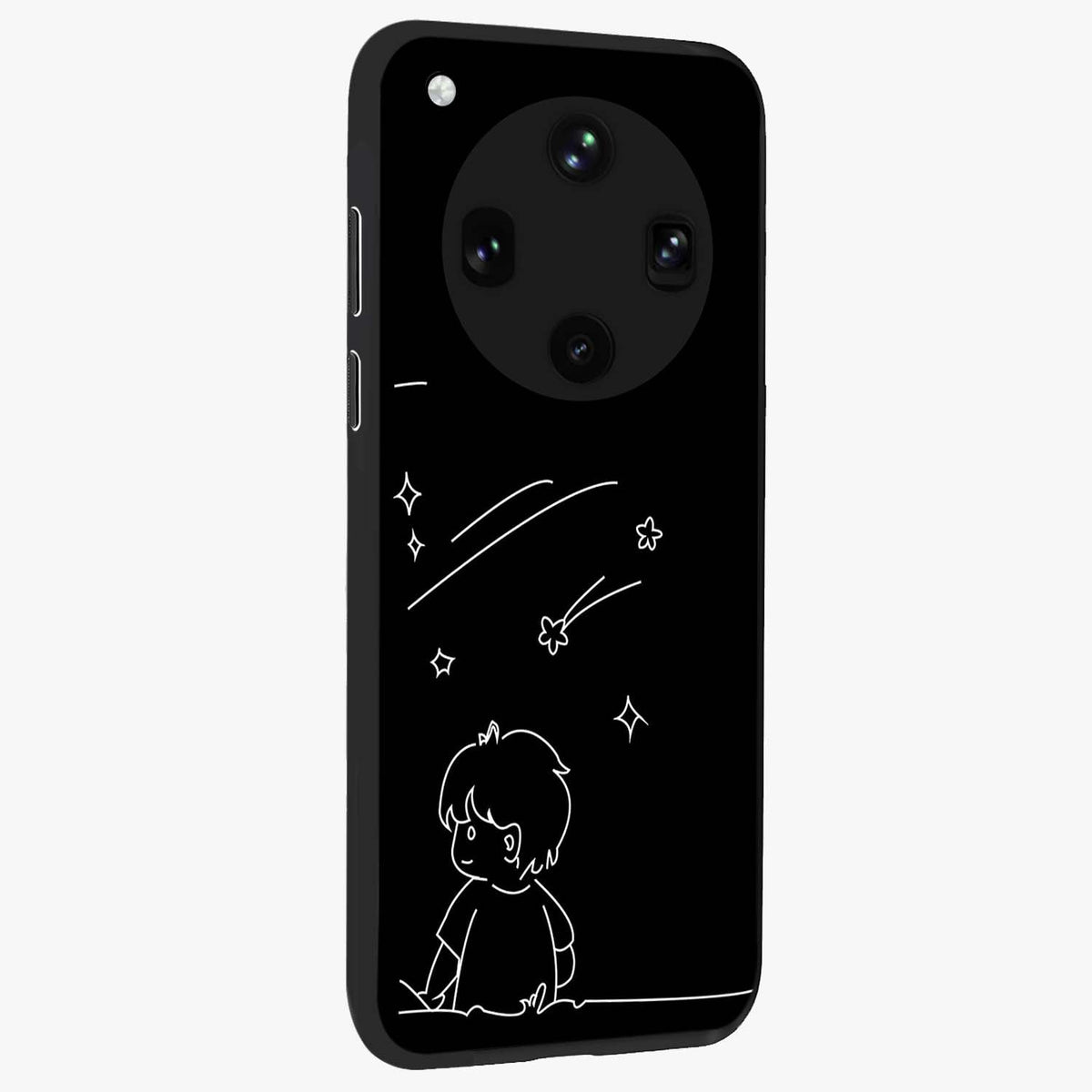Line Art Boy With Shooting Stars Glass Case upright view showcasing artistic shooting star illustration with minimal style.
