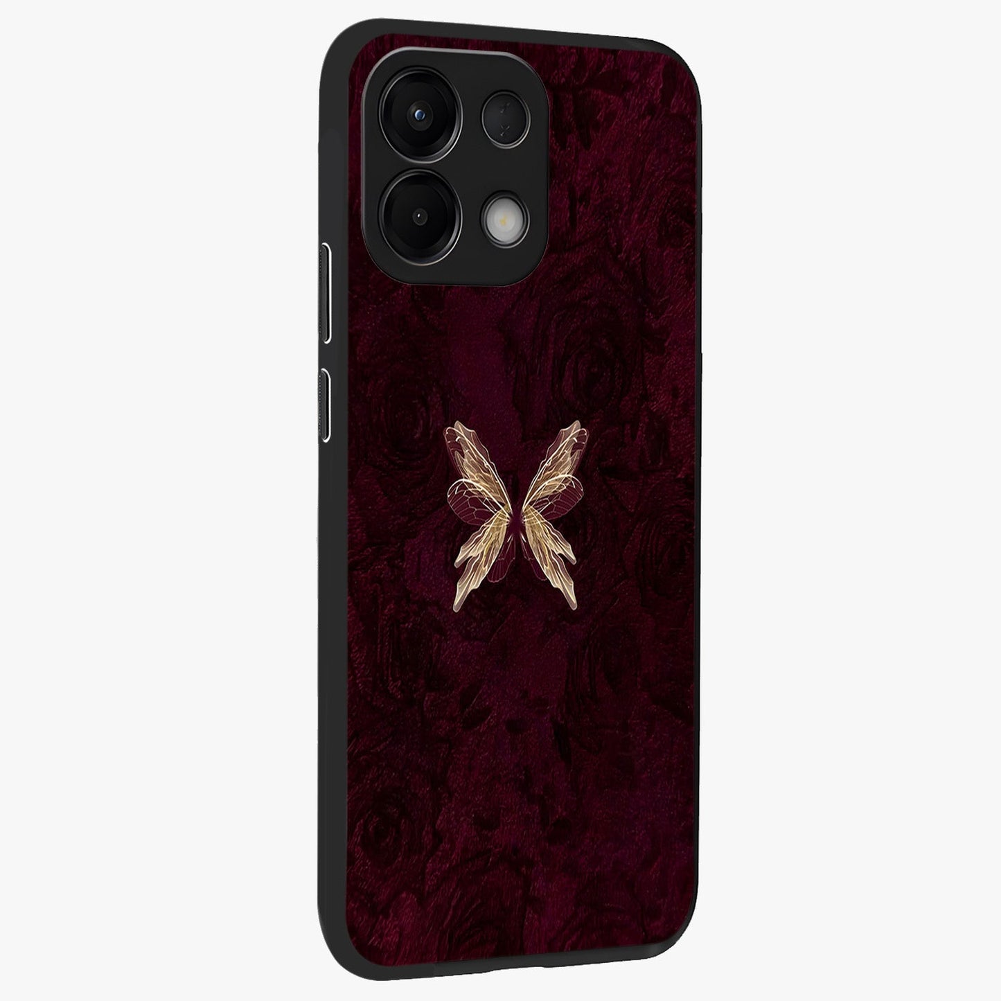 Crimson Fade Butterfly Glass Case upright view showcasing graceful butterfly artwork with soft crimson fade effect.