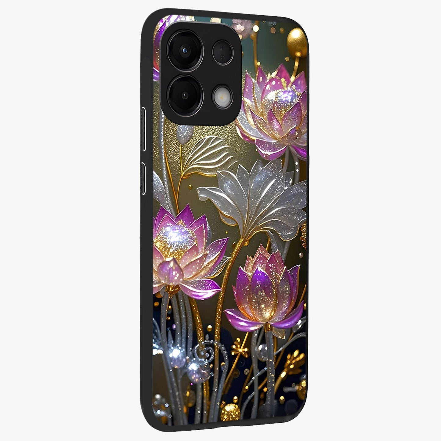 Golden Floral Majesty Glass Case upright view showcasing majestic floral artwork with rich decorative theme.