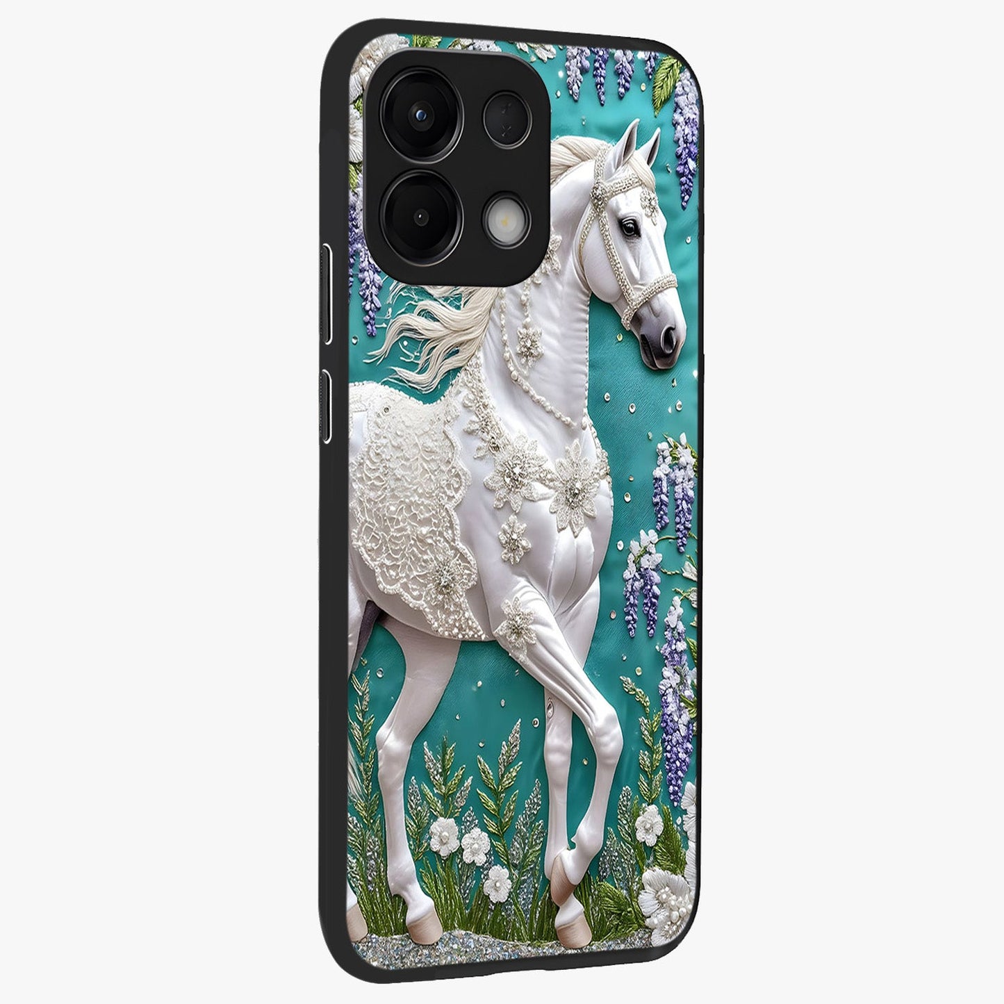 Majestic Floral Stallion Glass Case upright view showcasing dramatic horse artwork with decorative floral theme.