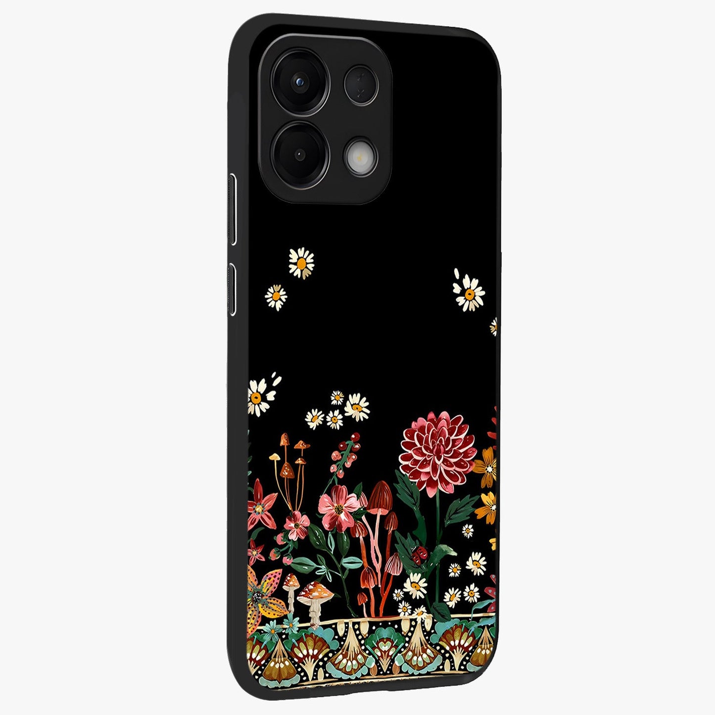 Midnight Bloom Pattern Glass Case upright view showcasing decorative floral artwork with deep night themed palette.