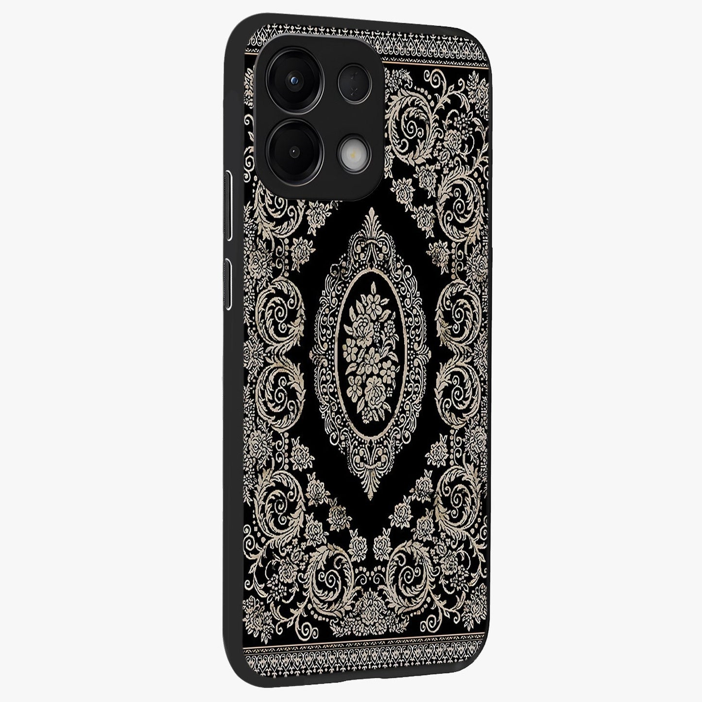 Noir Bloom Elegance Glass Case upright view showcasing graceful floral artwork with luxurious dark theme.