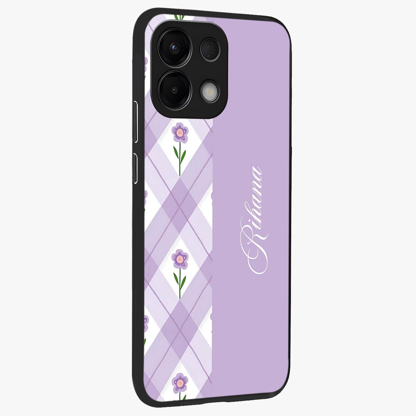 Purple Diamond Floral Glass Case upright view showcasing vibrant floral artwork with stylish geometric theme.