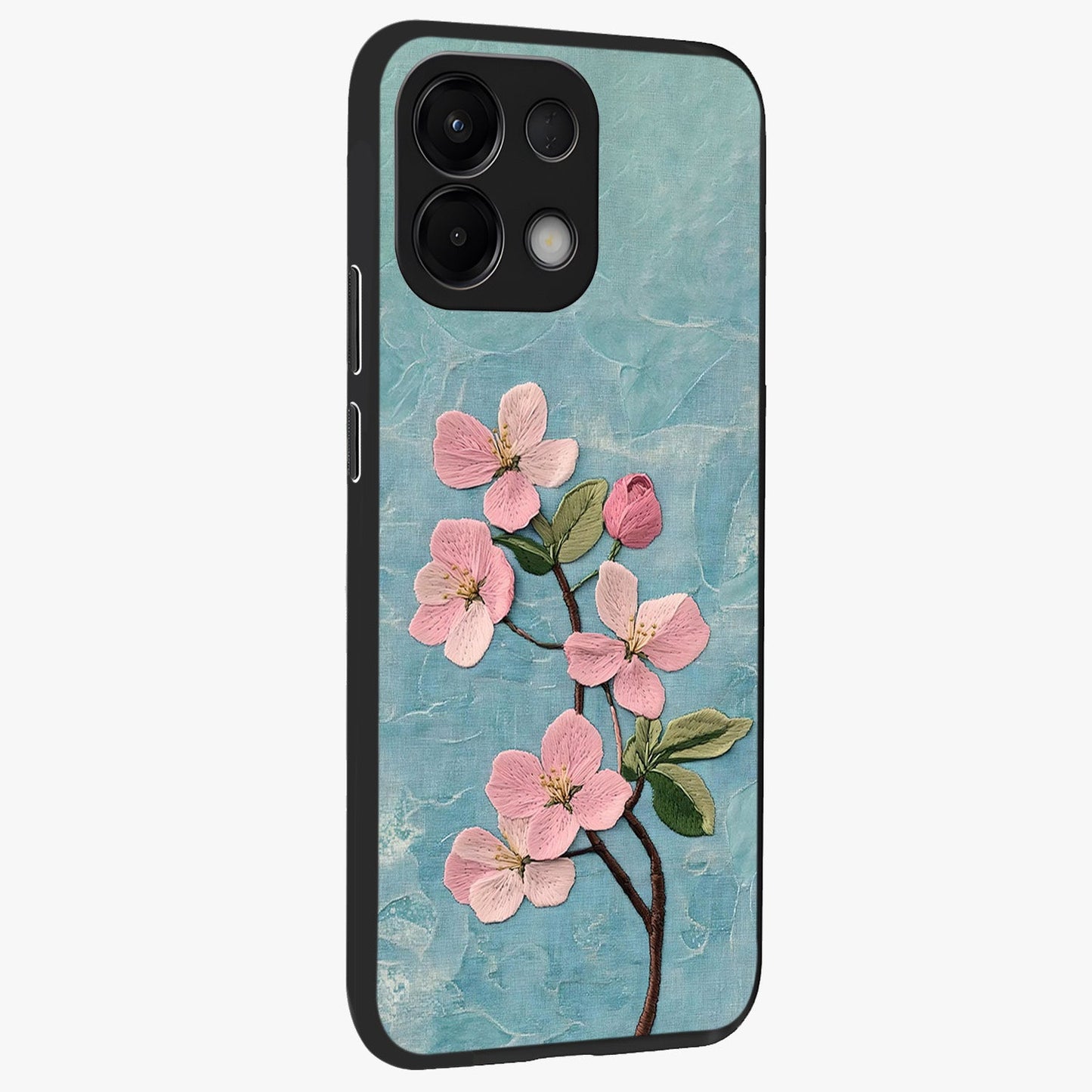 Threaded Blossom Breeze Glass Case upright view showcasing graceful flower artwork with calm botanical theme.