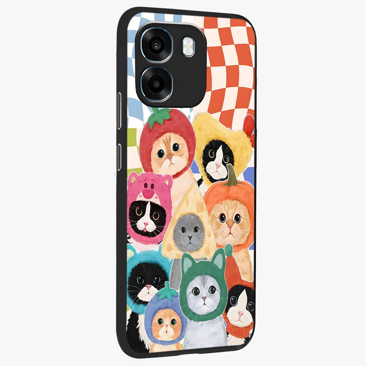 Cats in Fruits Glass Case upright view showcasing charming cat artwork with fun fruity theme.