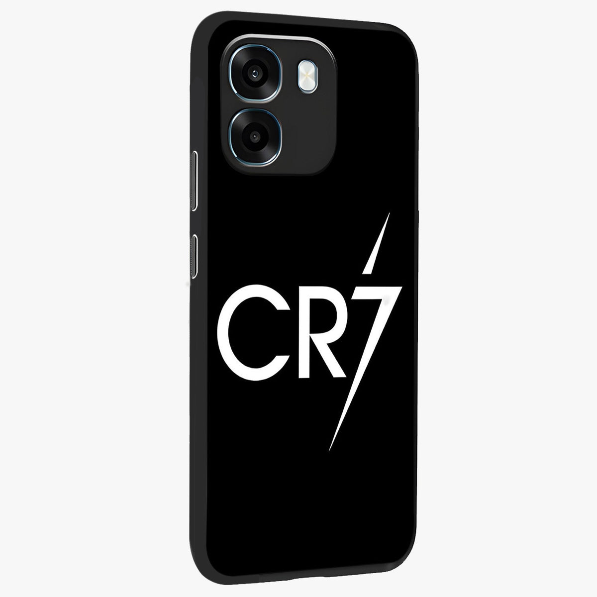 Cr7 Elite Strike Glass Case upright view showcasing energetic football inspired design with modern sports aesthetic.