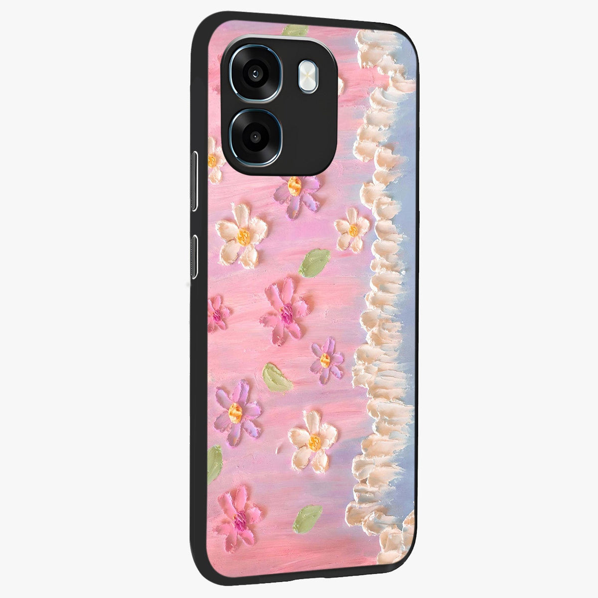 Dreamy Painted Garden Glass Case upright view showcasing vibrant floral garden artwork with artistic nature theme.