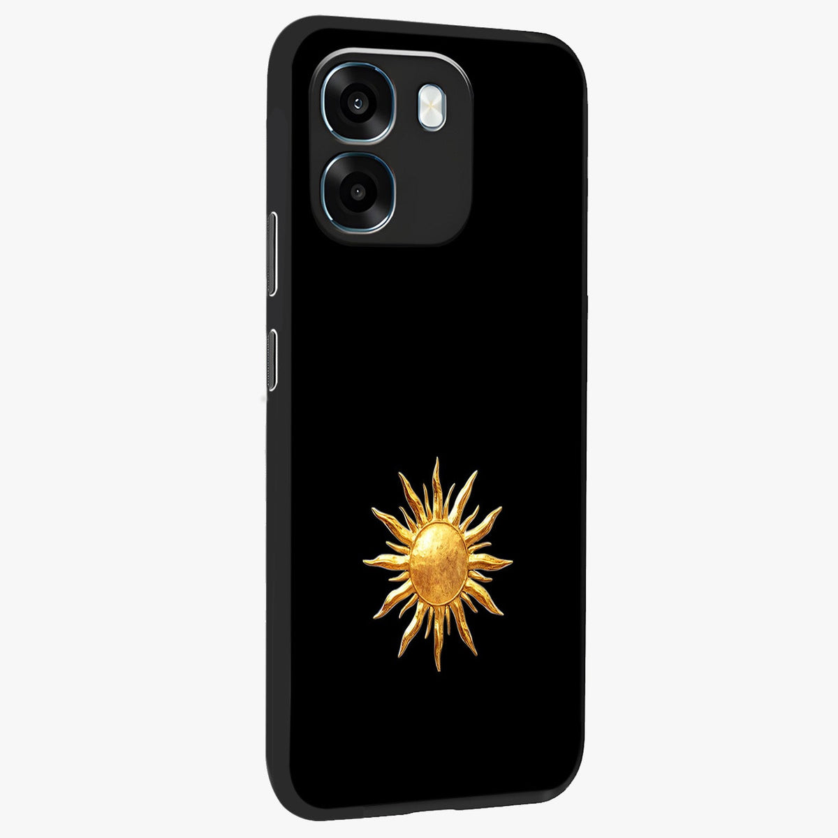 Golden Sun Minimalism Glass Case upright view showcasing haunting graveyard artwork with dramatic dark theme.