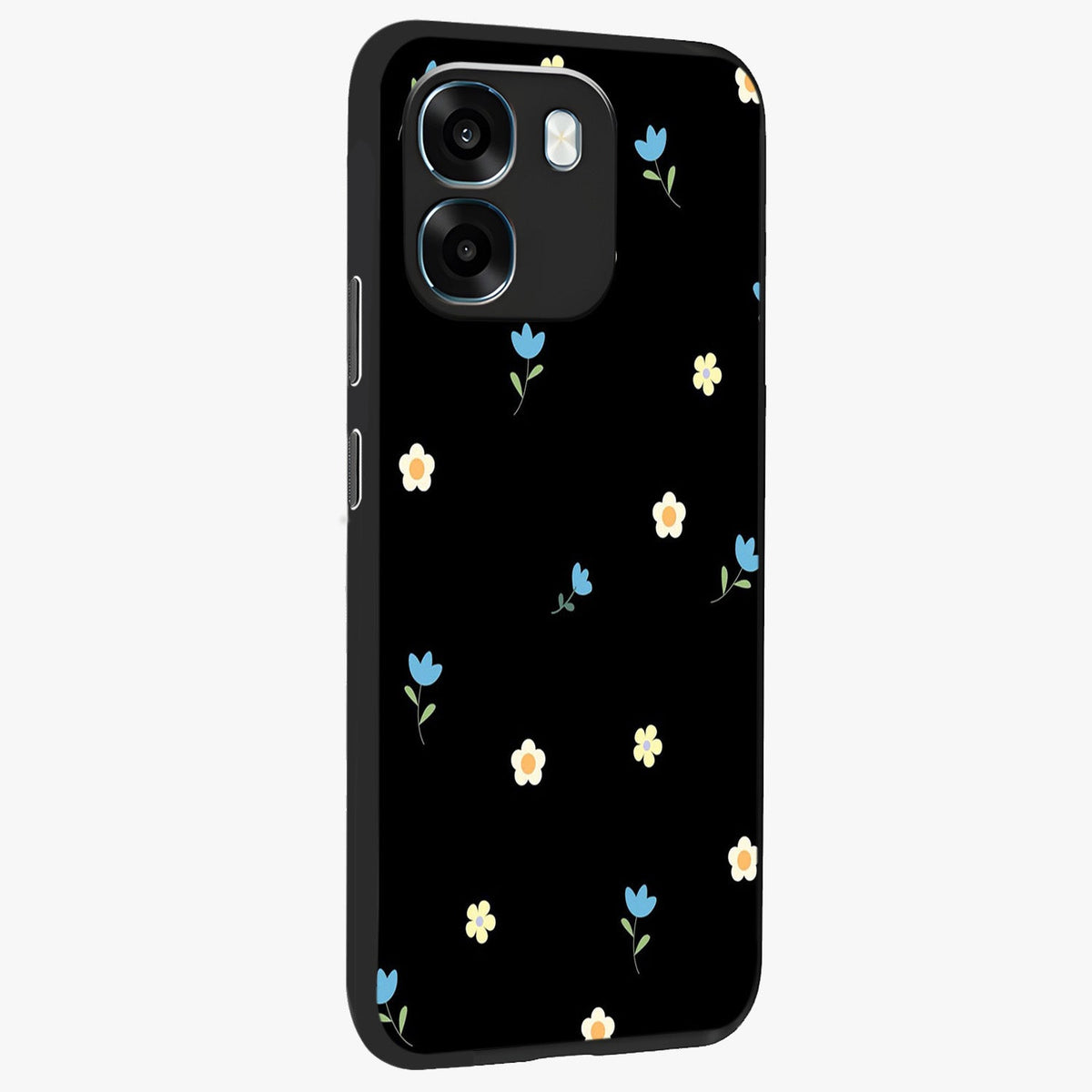 Minimal Petal Whispers Glass Case upright view showcasing elegant floral artwork with modern minimalist style.