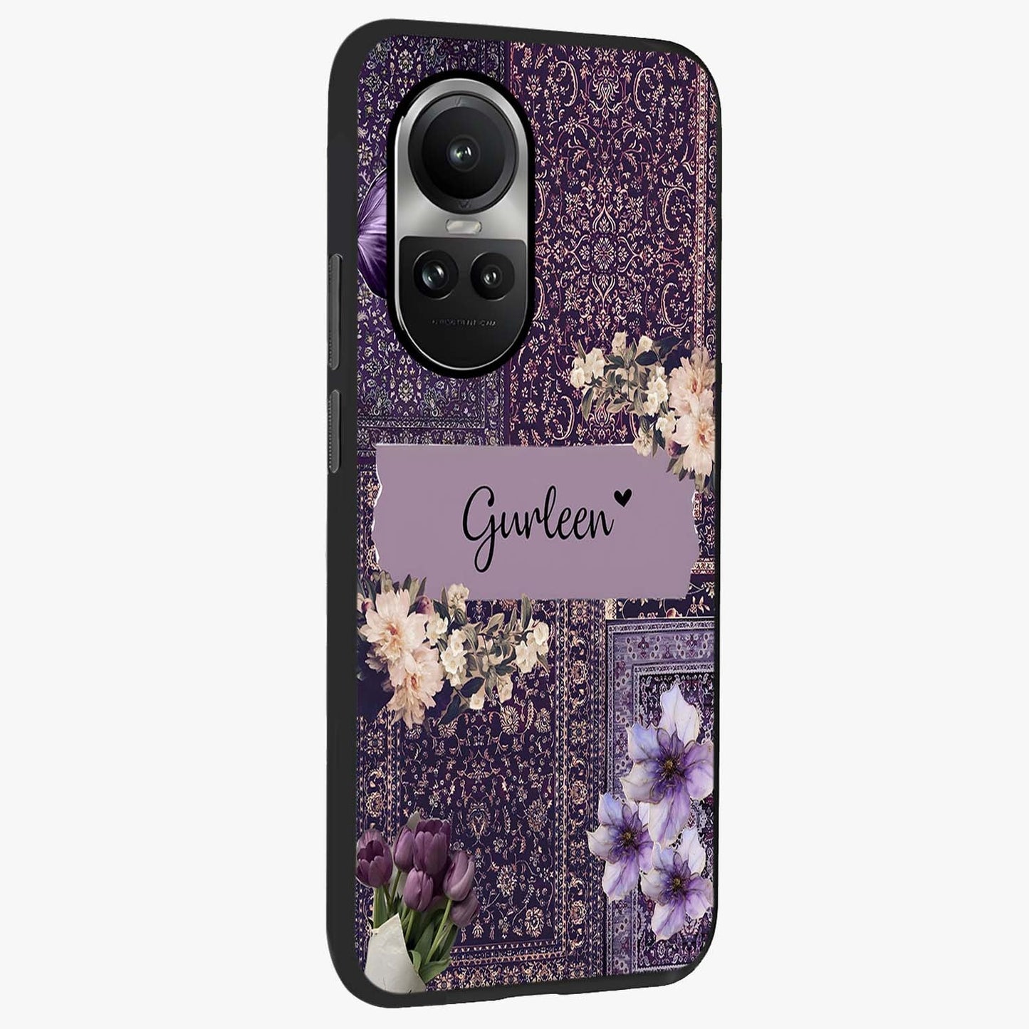 Antique Floral Whisper Custom Name Glass Case upright view showcasing delicate floral artwork with custom name feature.
