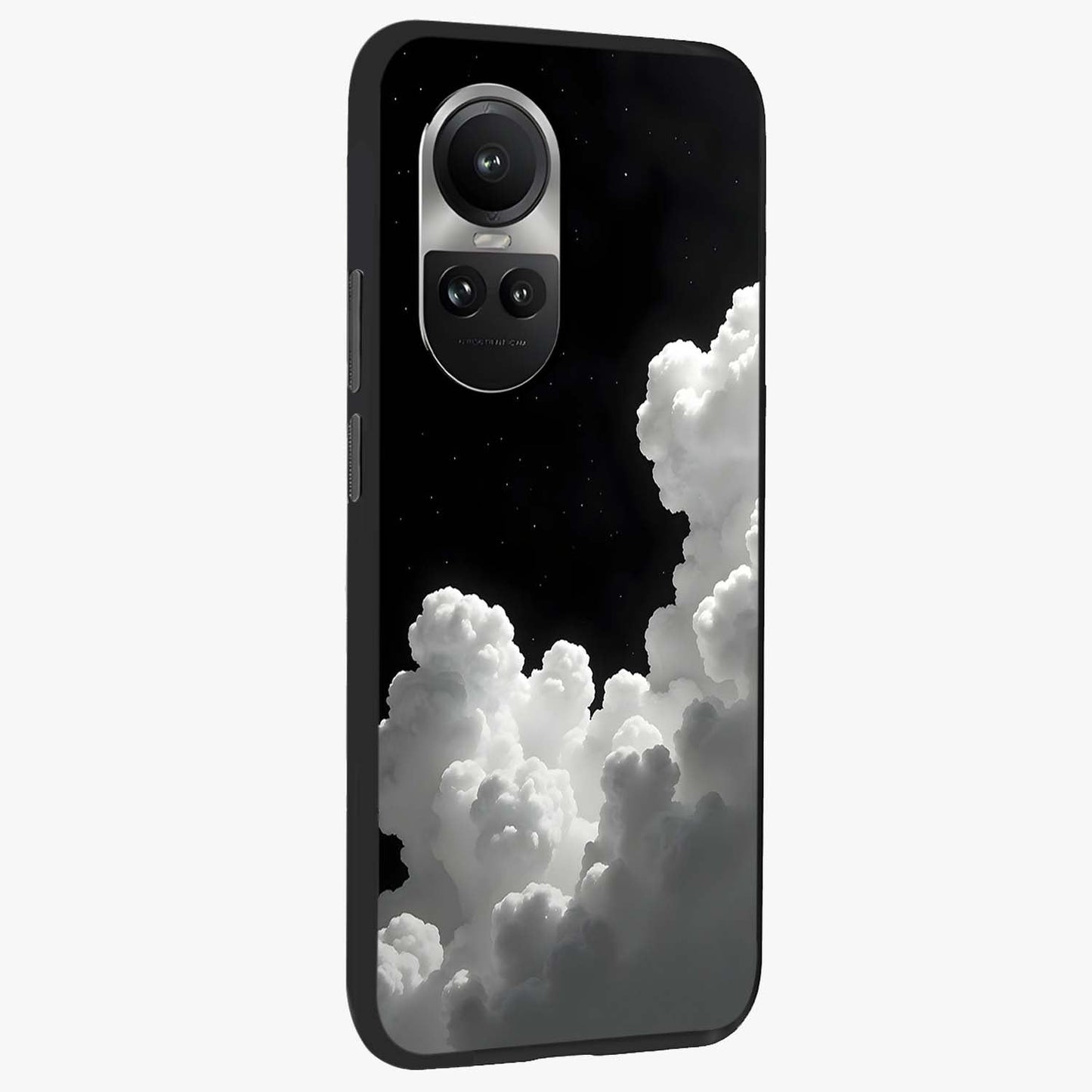 Black Background With White Cloud Glass Case upright view showcasing calm cloud aesthetic with modern minimal style.