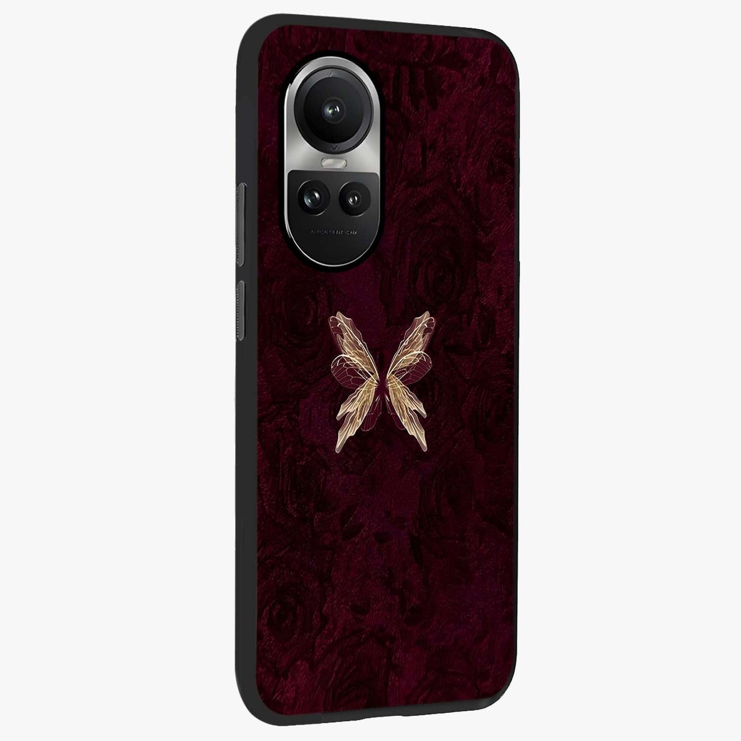 Crimson Fade Butterfly Glass Case upright view showcasing graceful butterfly artwork with soft crimson fade effect.