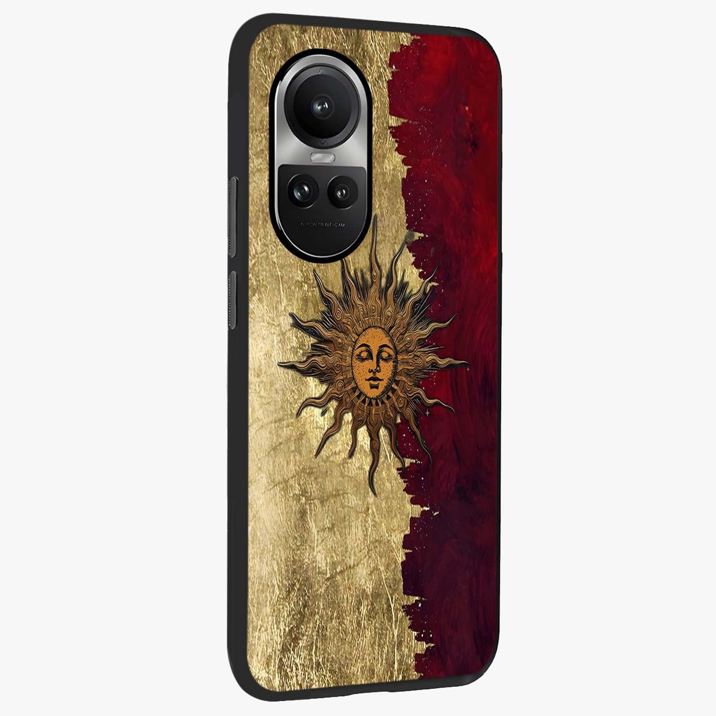 Crimson Sun Majesty Glass Case upright view showcasing vibrant sun artwork with powerful celestial theme.